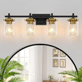 4-Lights Black and Gold Bathroom Vanity Light - Modern Clear Glass