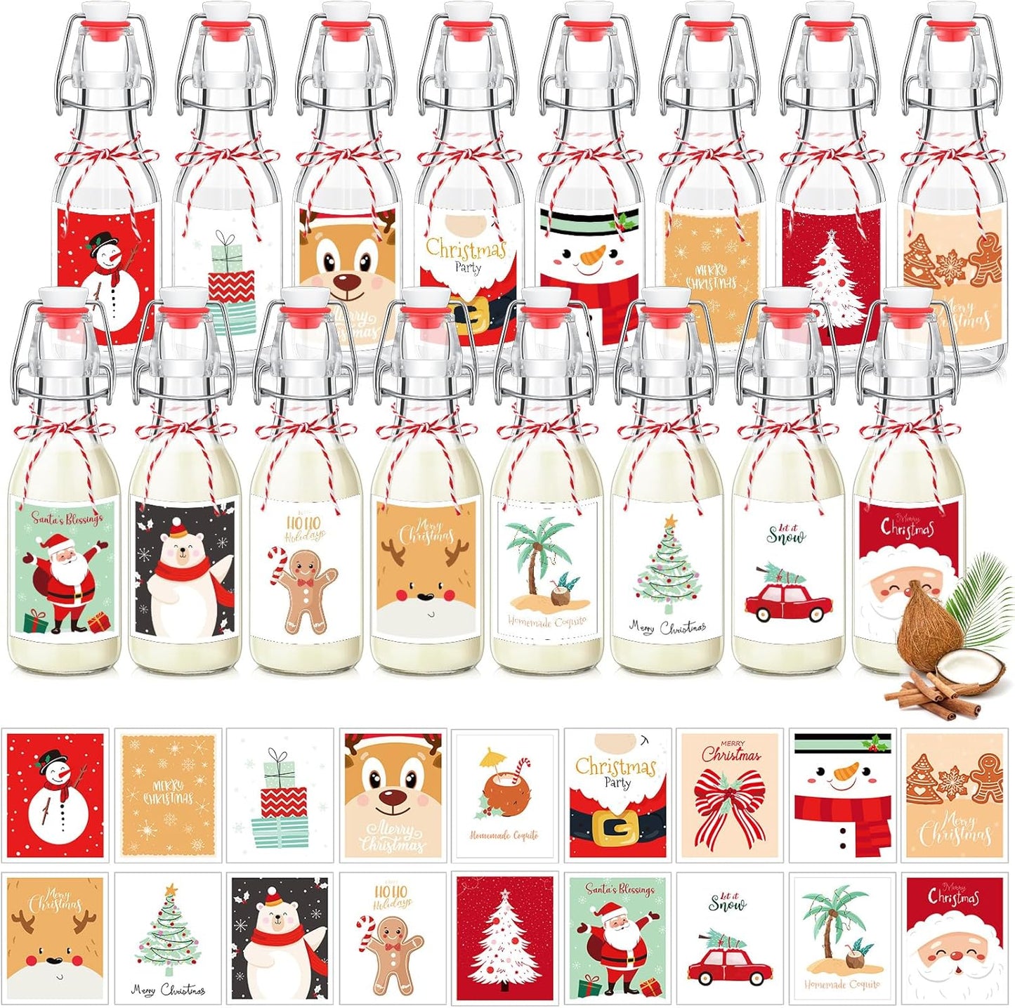 16 Pcs Merry Christmas Coquito Swing Top Glass Bottles Set
