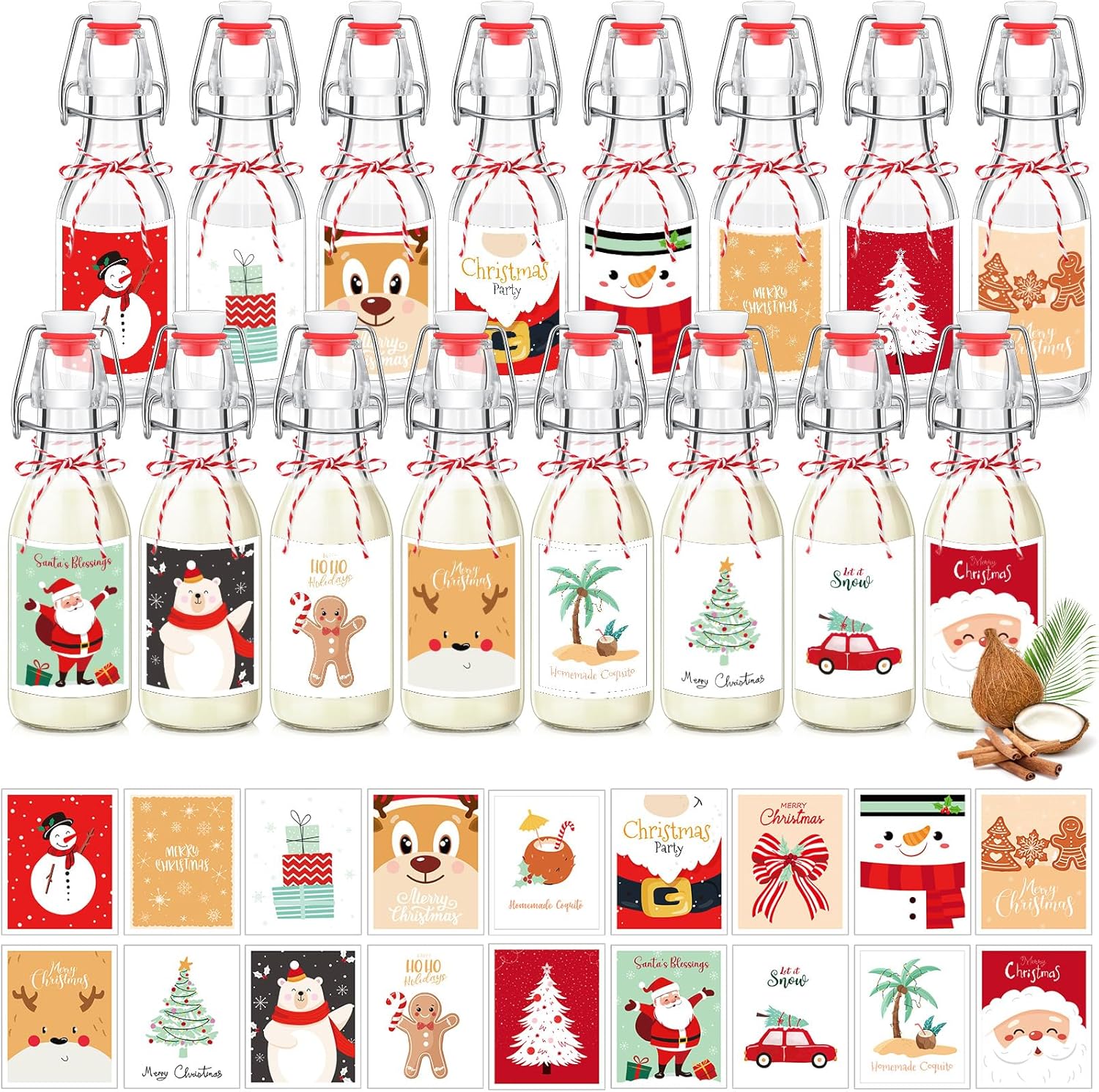 16 Pcs Merry Christmas Coquito Swing Top Glass Bottles Set