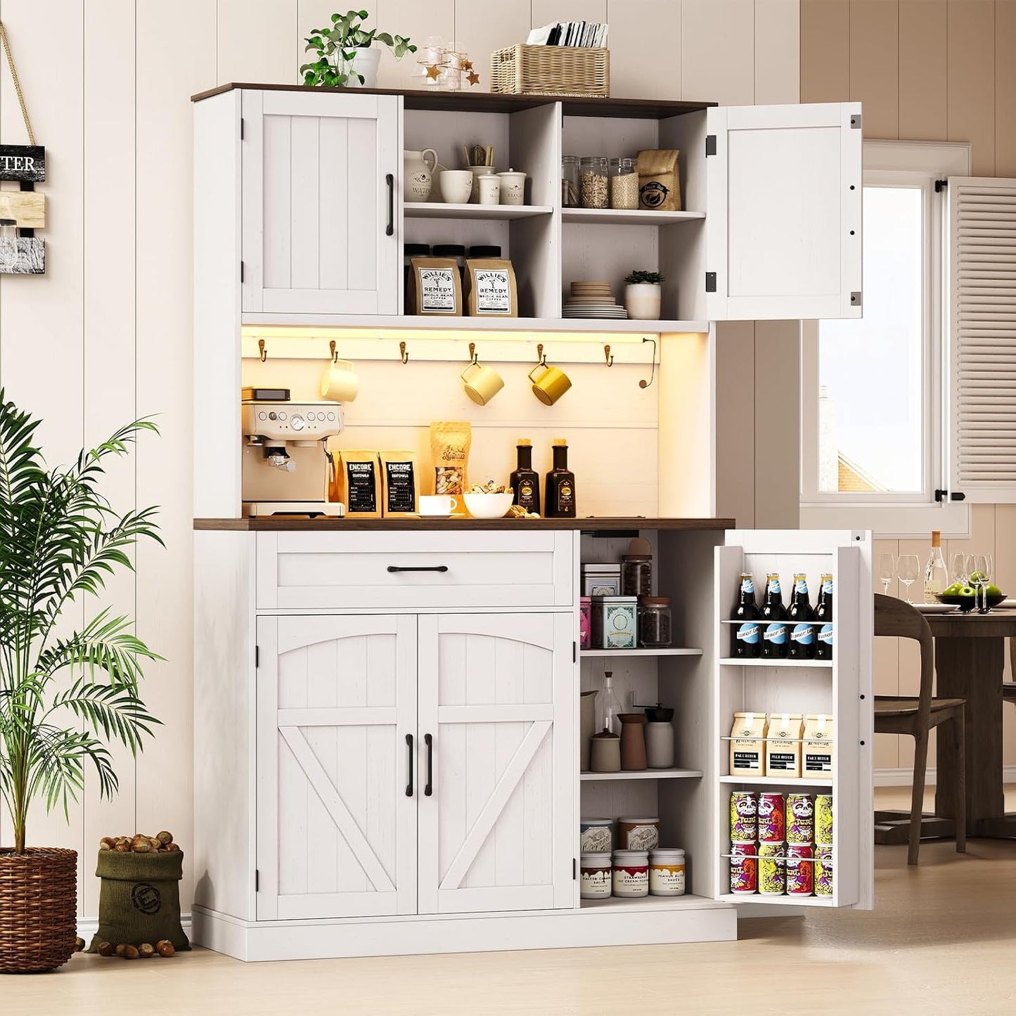71 in Pantry Cabinet with LED Light & Outlet for Kitchen Storage