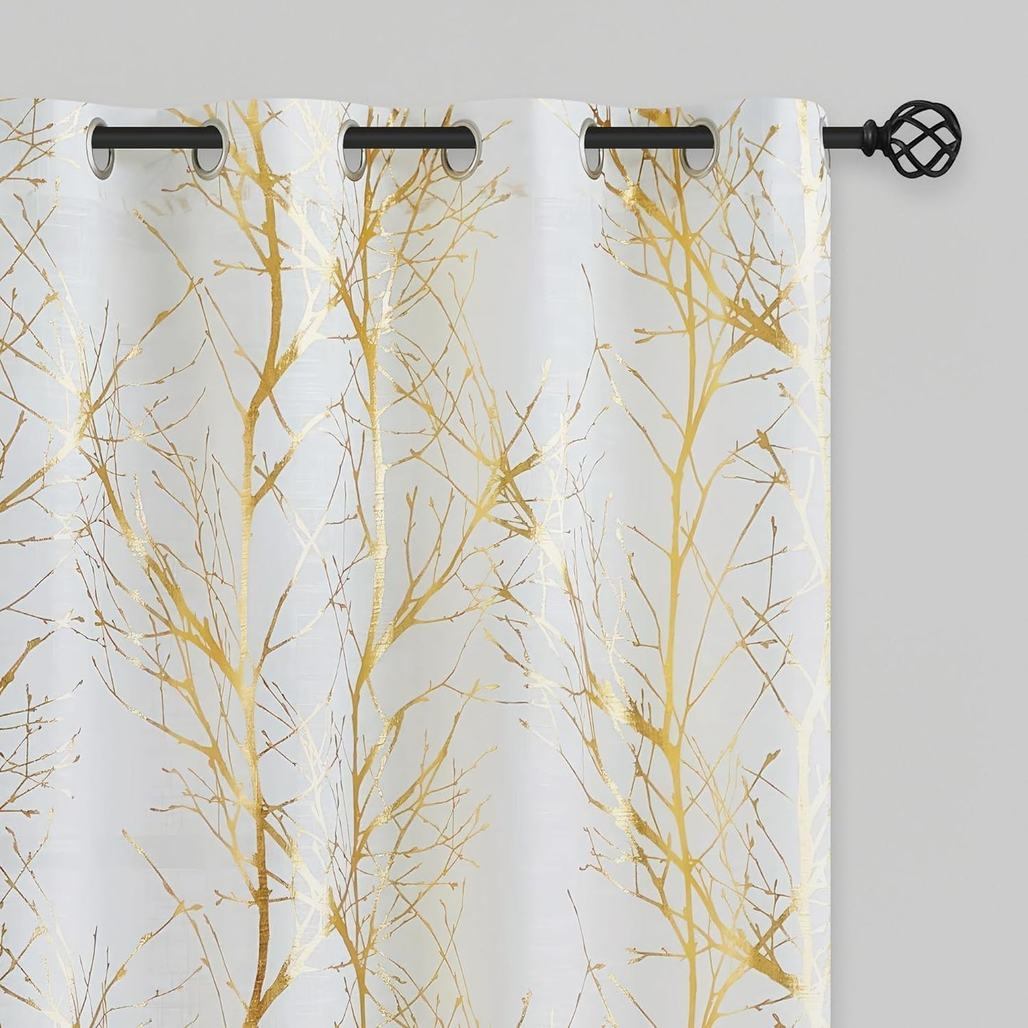 FMFUNCTEX Linen Semi Sheer Curtains with Gold Foil Print