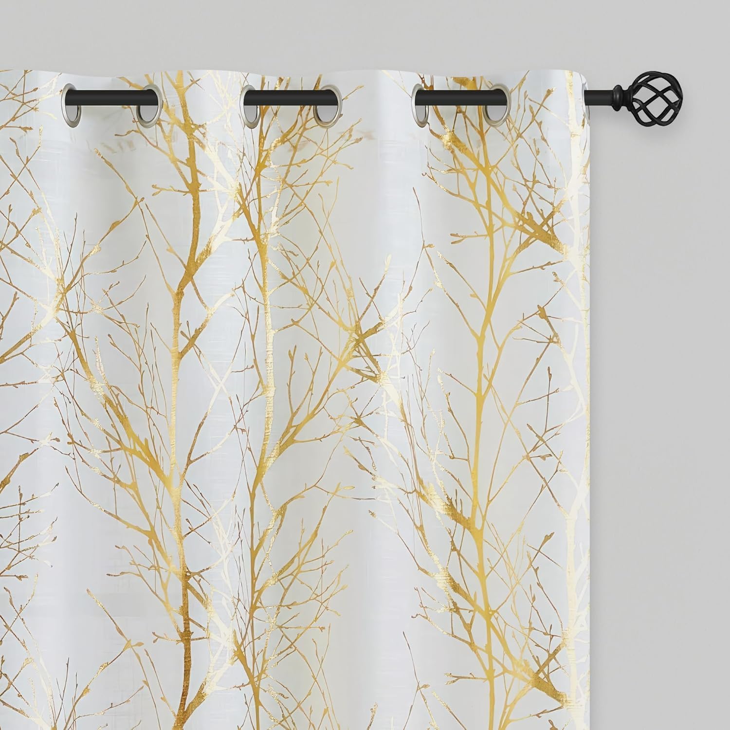 FMFUNCTEX Linen Semi Sheer Curtains with Gold Foil Print