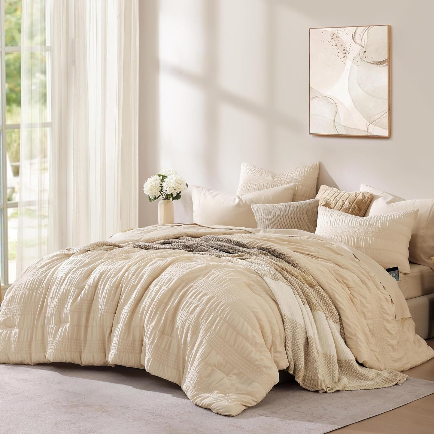 CASAAGUSTO King Size Comforter Set for All Seasons in Beige