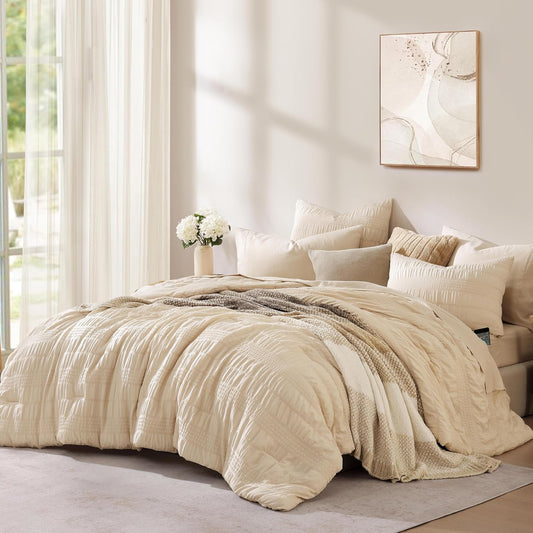CASAAGUSTO King Size Comforter Set for All Seasons in Beige