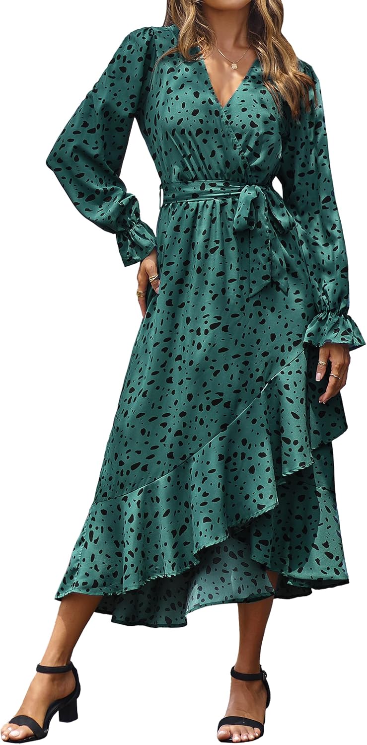 BTFBM Womens Floral High Waist Ruffle Long Sleeve Dress