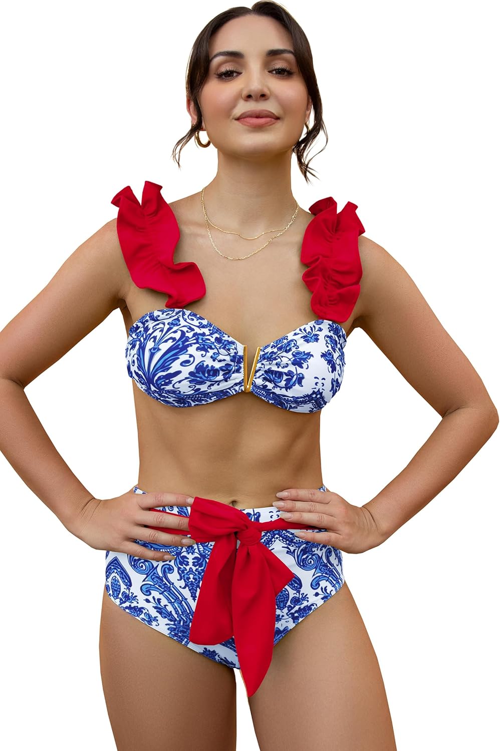 SPORLIKE Women High Waisted Swimsuit with Flounce Straps