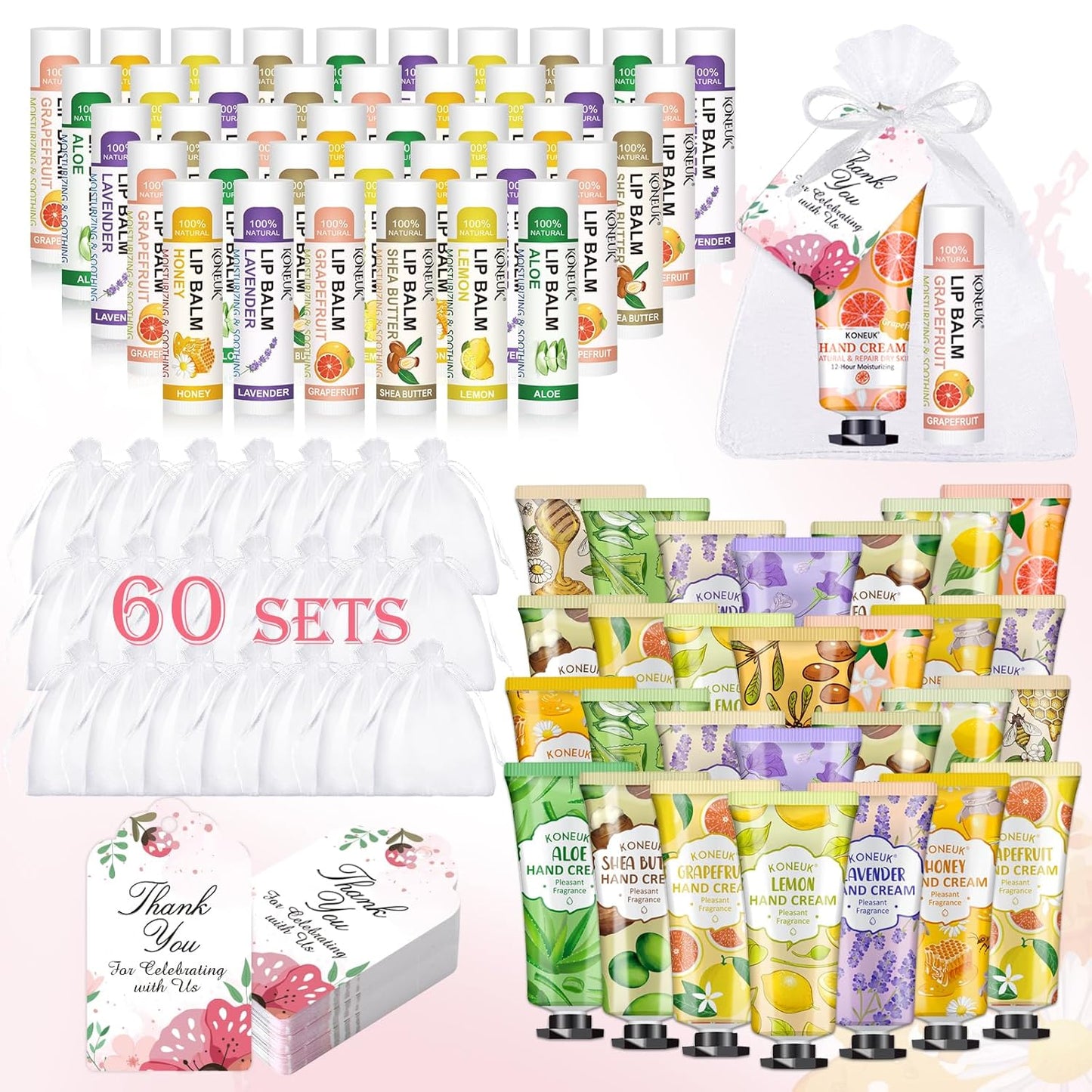 KONEUK 60 Pack Hand Cream and Lip Balm Gift Sets for All