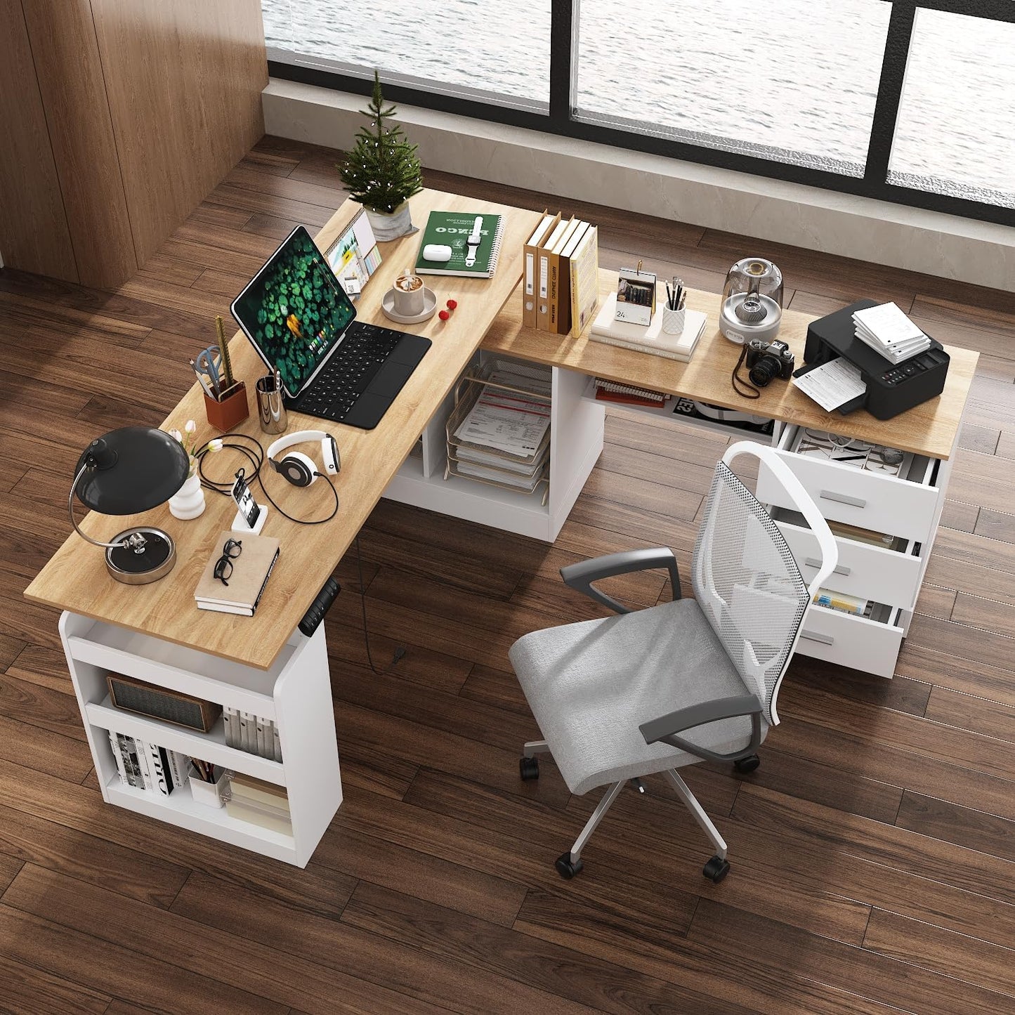 Executive Adjustable L-Shaped Desk - Oak/White