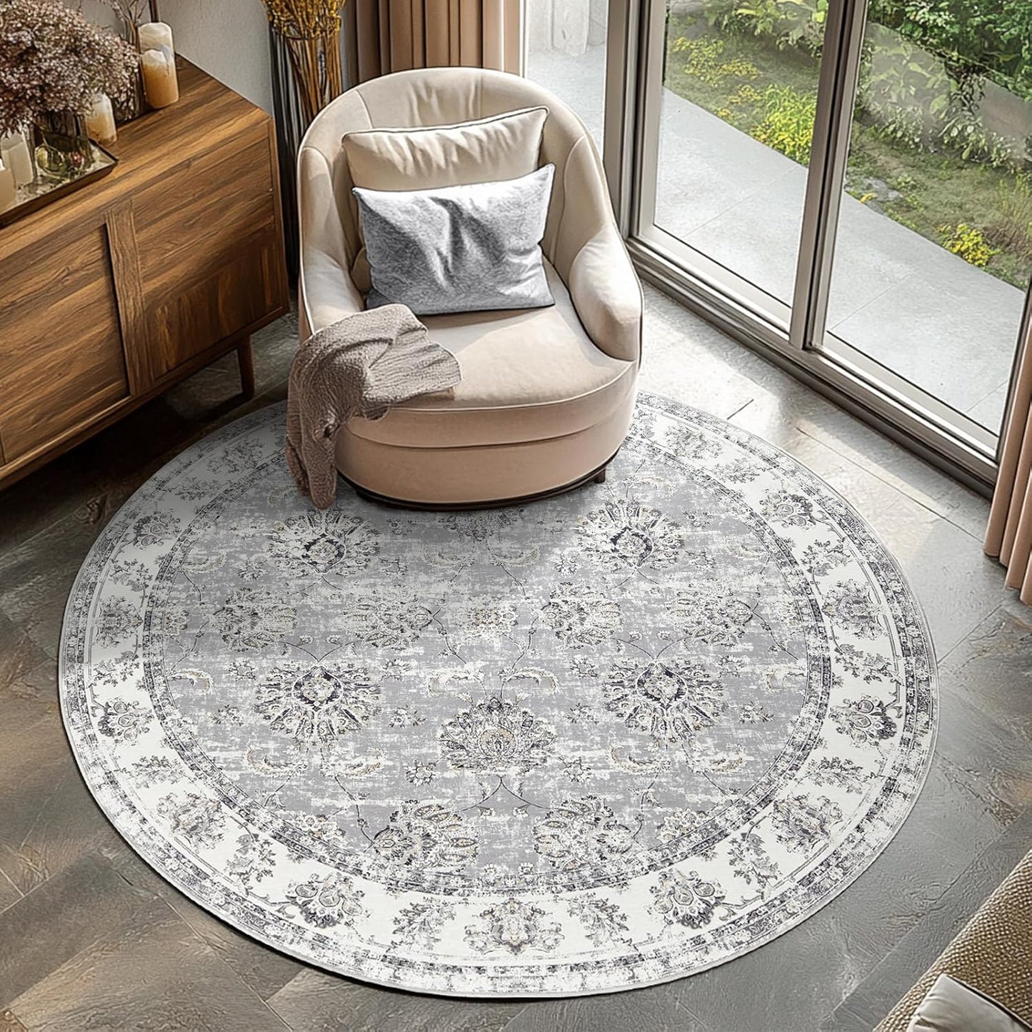 Vintage Floral Distressed Round Rug 6ft for Living Room & More