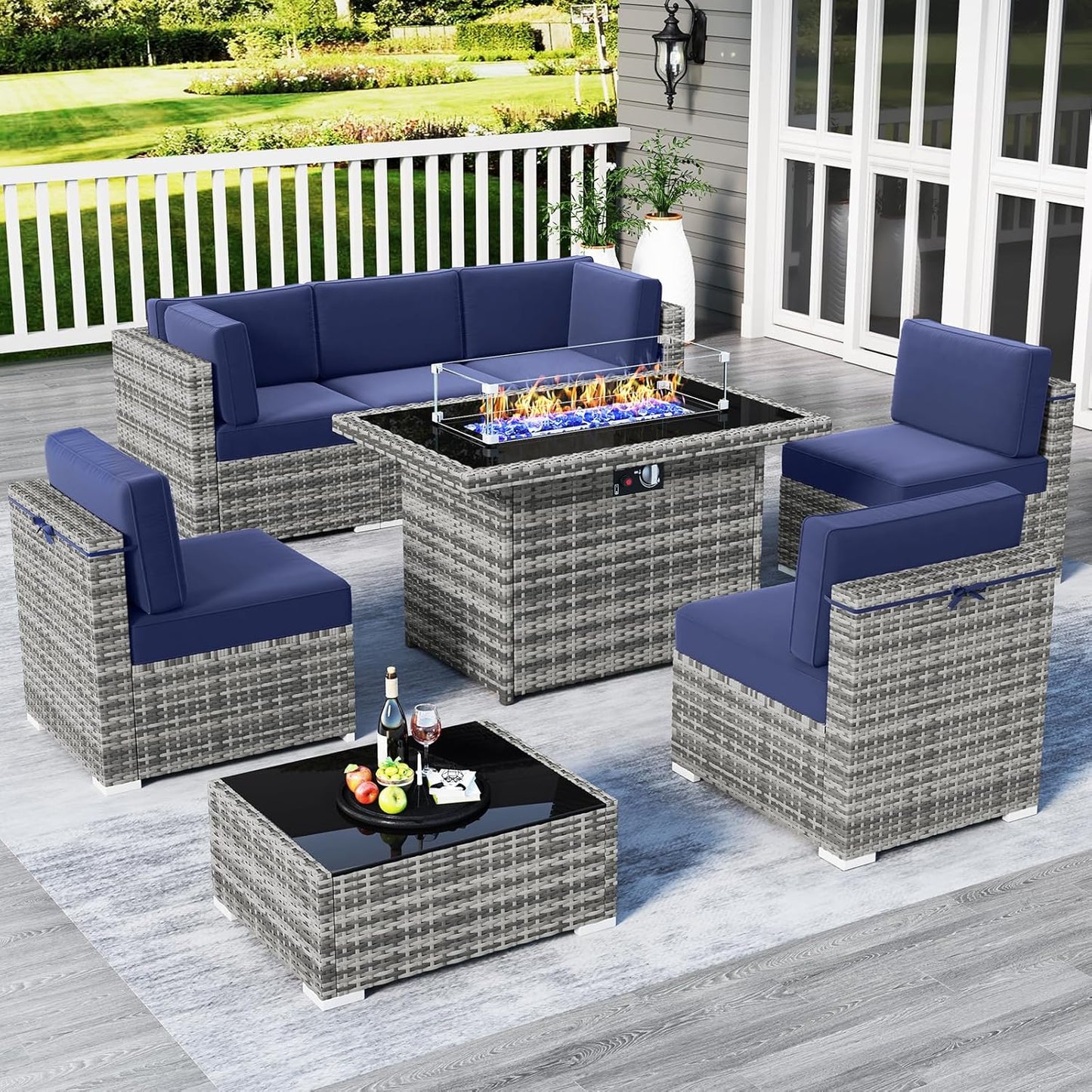 LayinSun 8 Piece Patio Furniture Set with Fire Pit Table