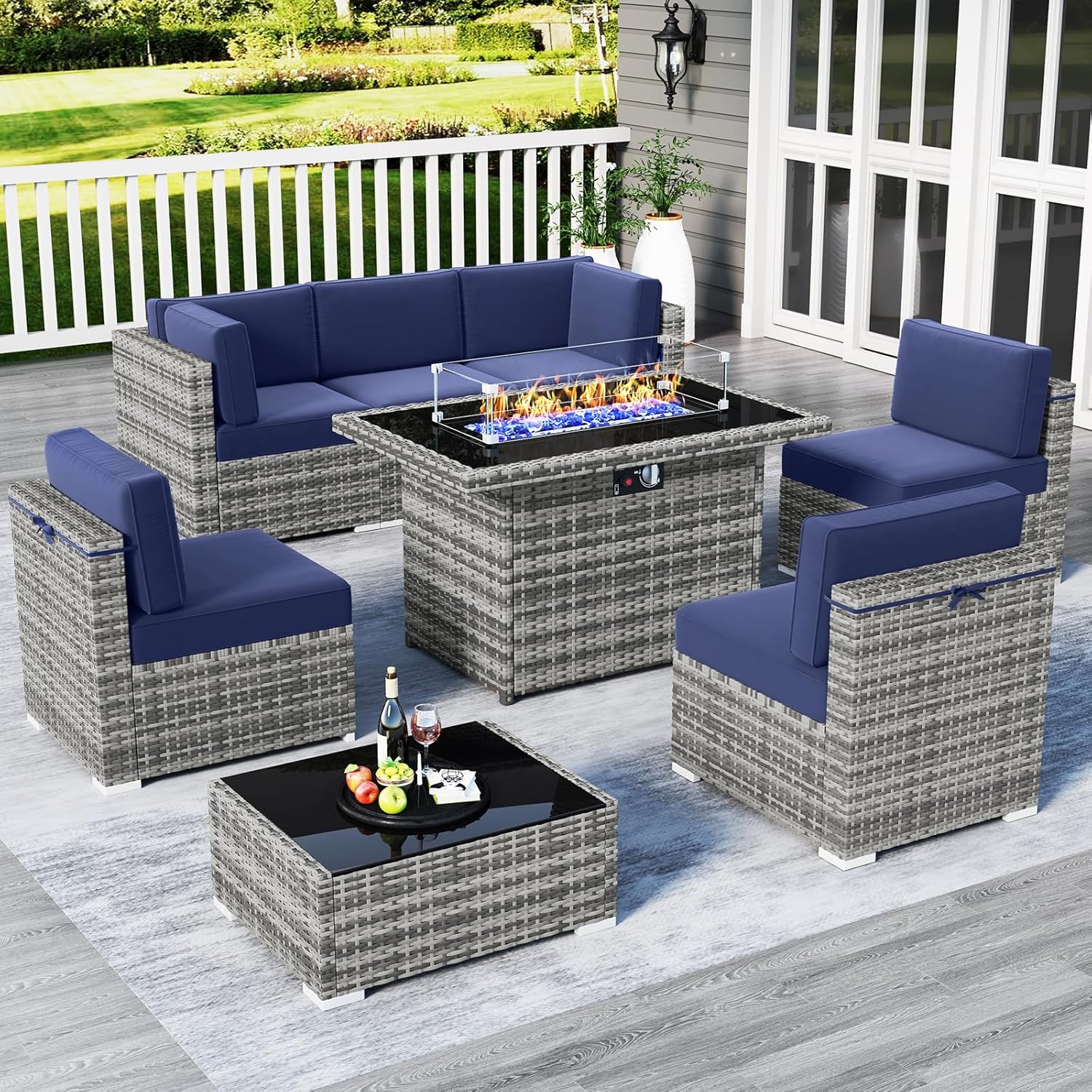 LayinSun 8 Piece Patio Furniture Set with Fire Pit Table