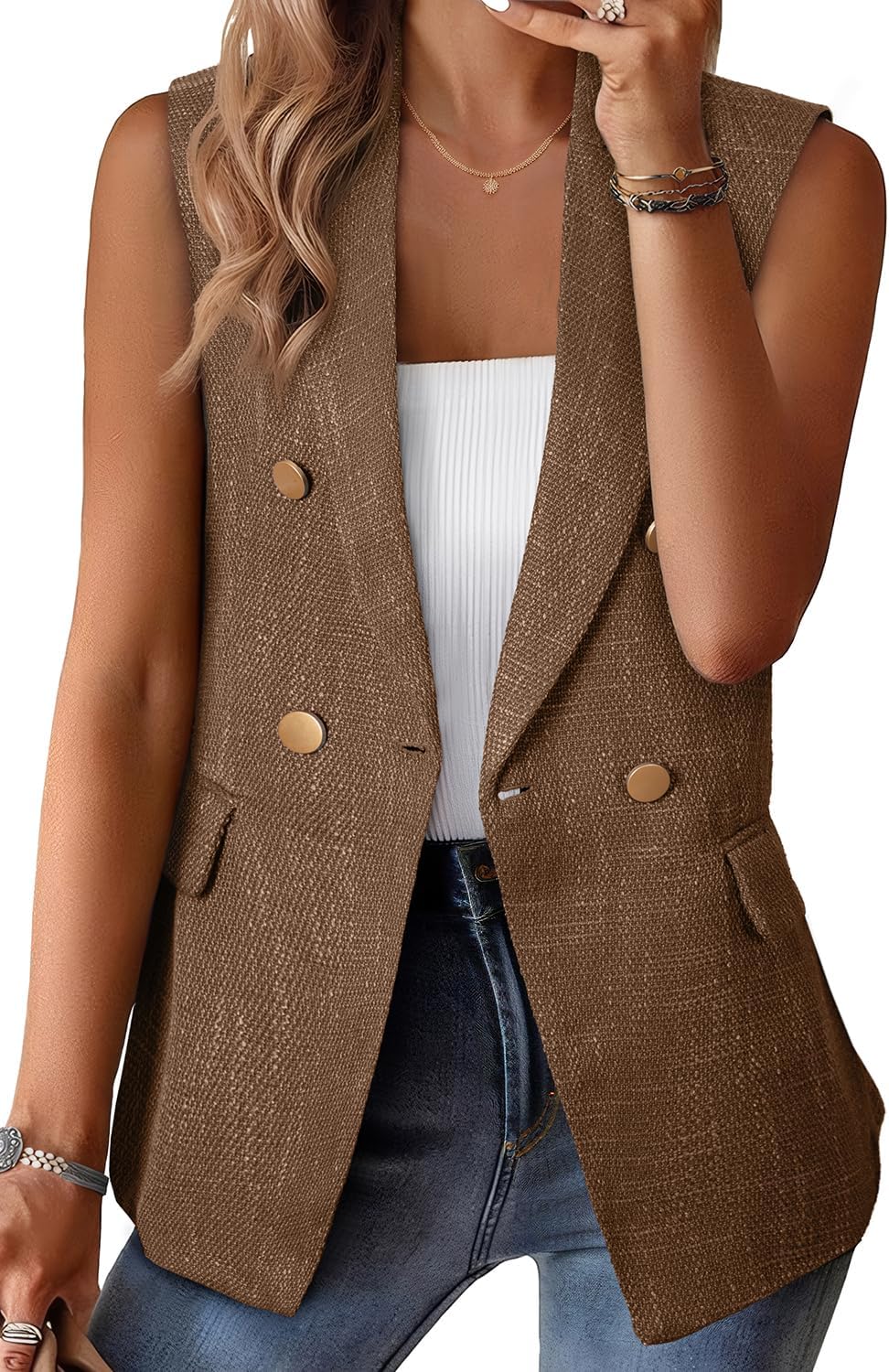 Trendy Double Breasted Tweed Blazer Vest for Women 2025