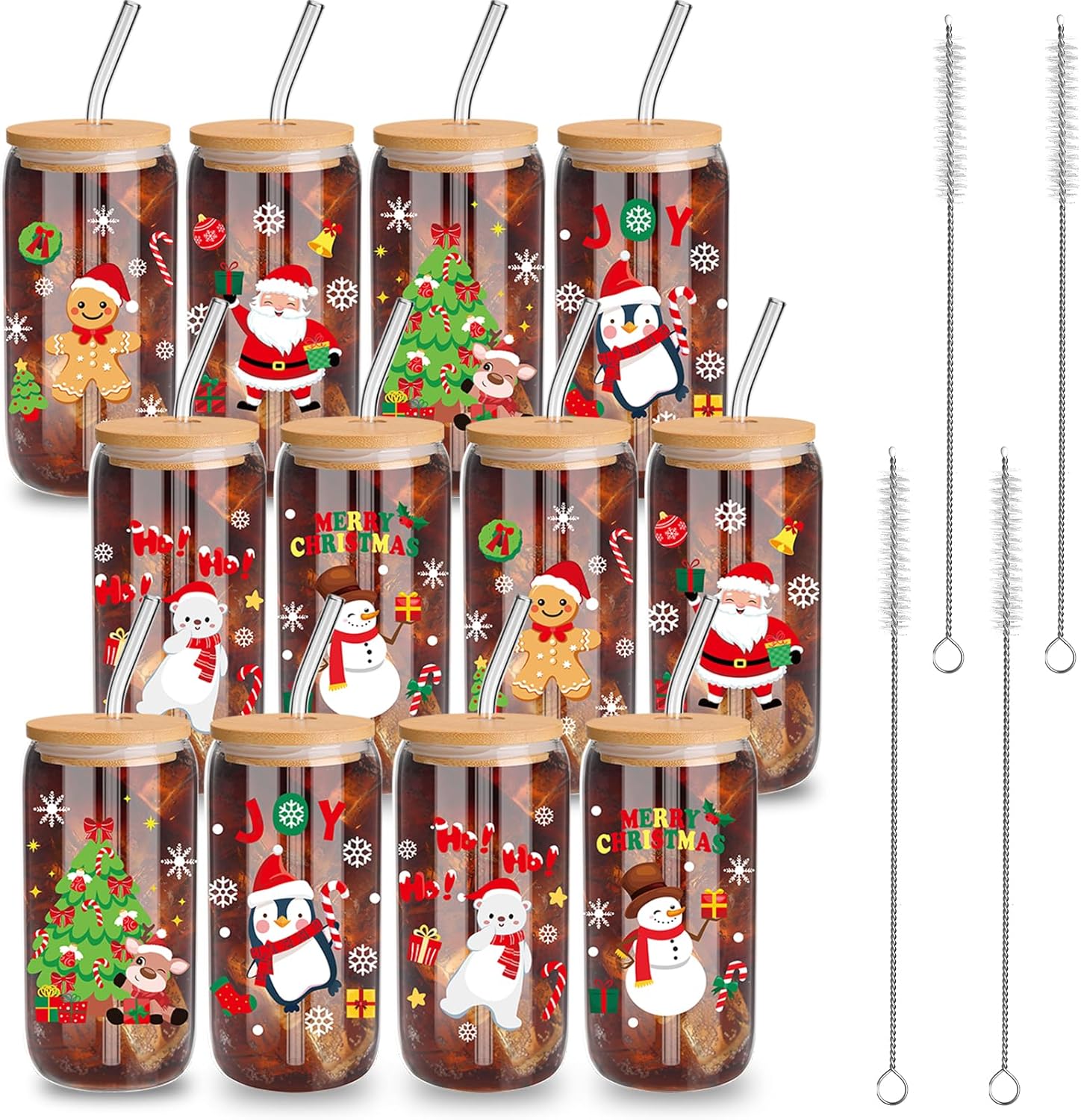 12 Pcs Christmas Glass Cups with Bamboo Lids and Straws Set