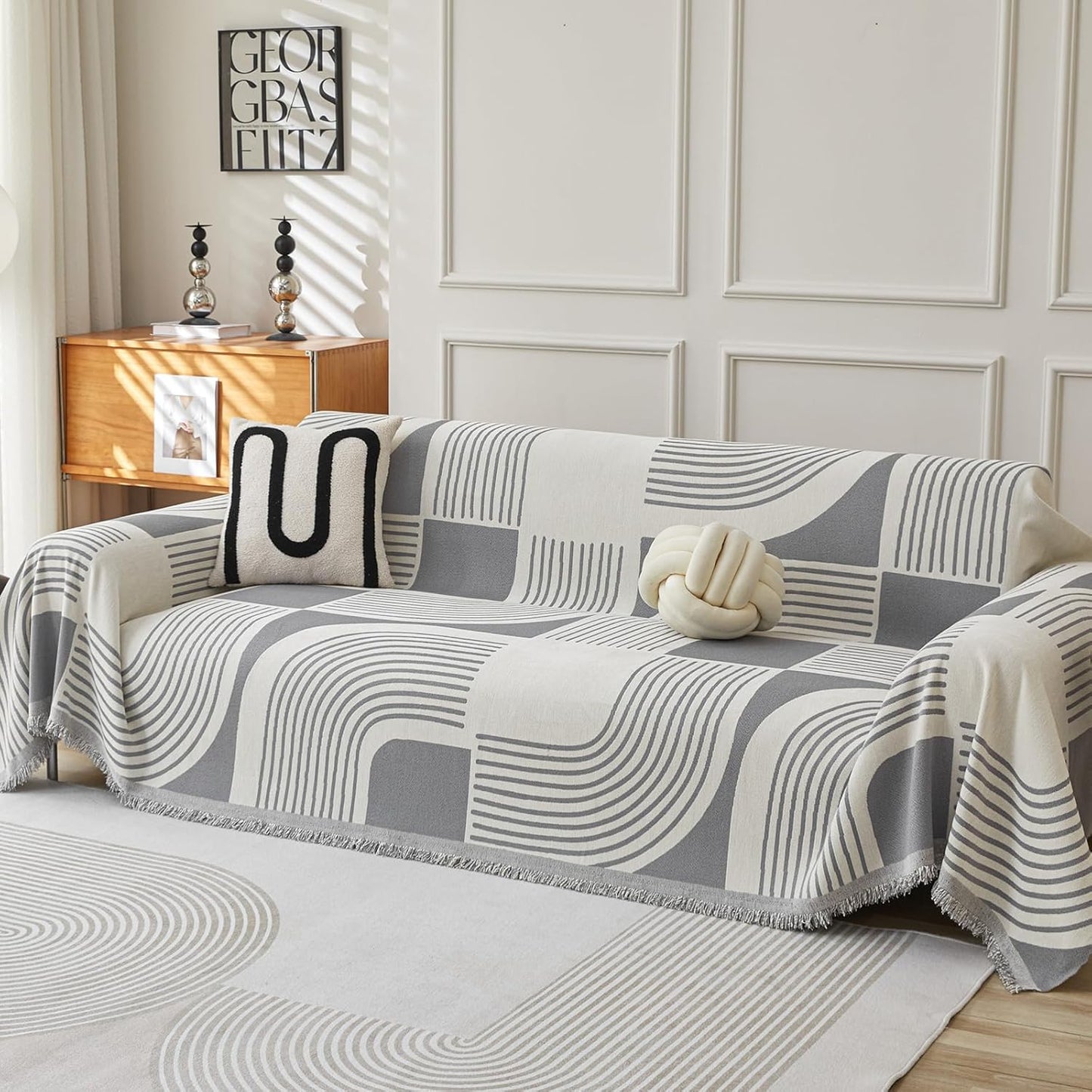 Boho Couch Cover for 3 Cushion Sofa, Chenille Washable Slipcovers