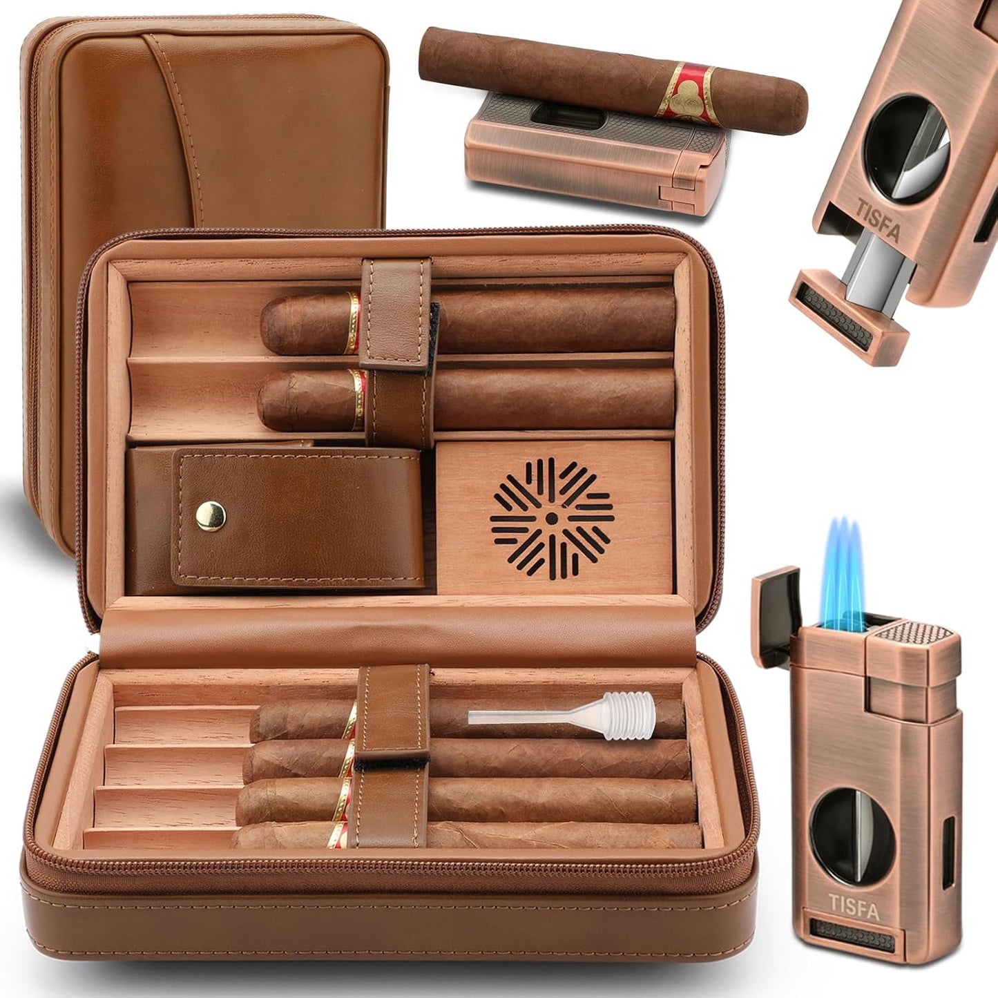 TISFA Cigar Humidor with Leather Cedar Wood Case and Lighter
