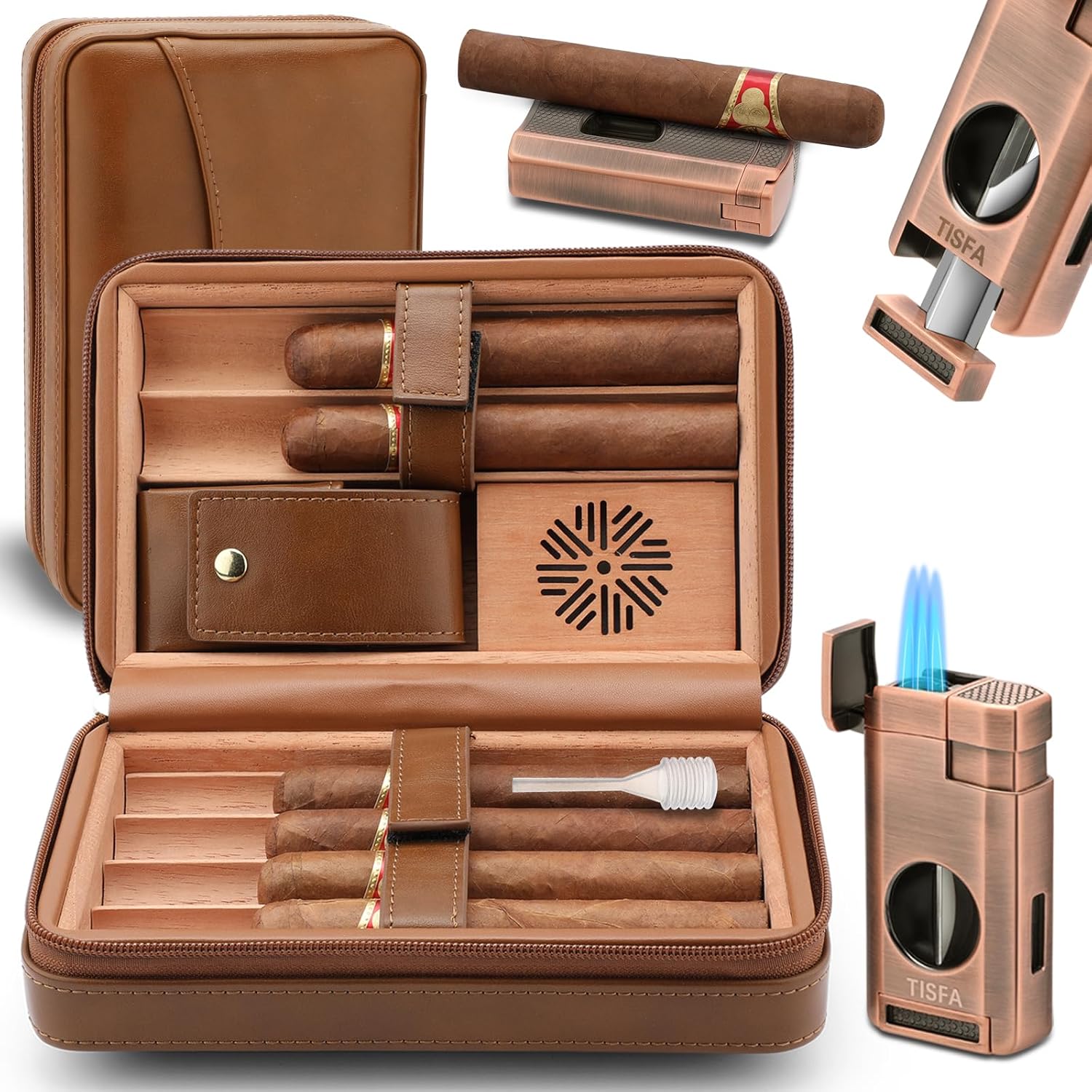 TISFA Cigar Humidor with Leather Cedar Wood Case and Lighter