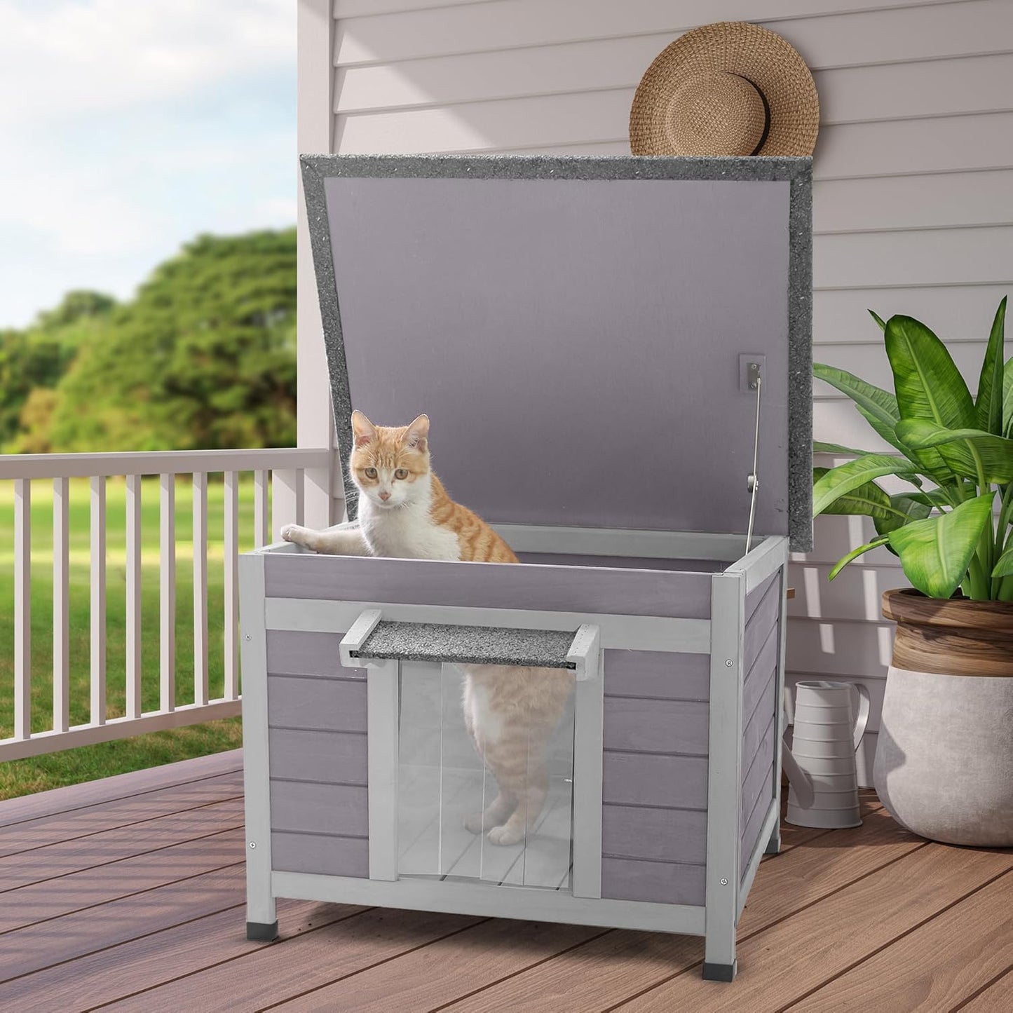 Outdoor Cat House Weatherproof with Openable Roof and PVC Curtain