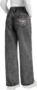 Girls Wide Leg Jeans with Bow Embroidery - High Elastic Waist