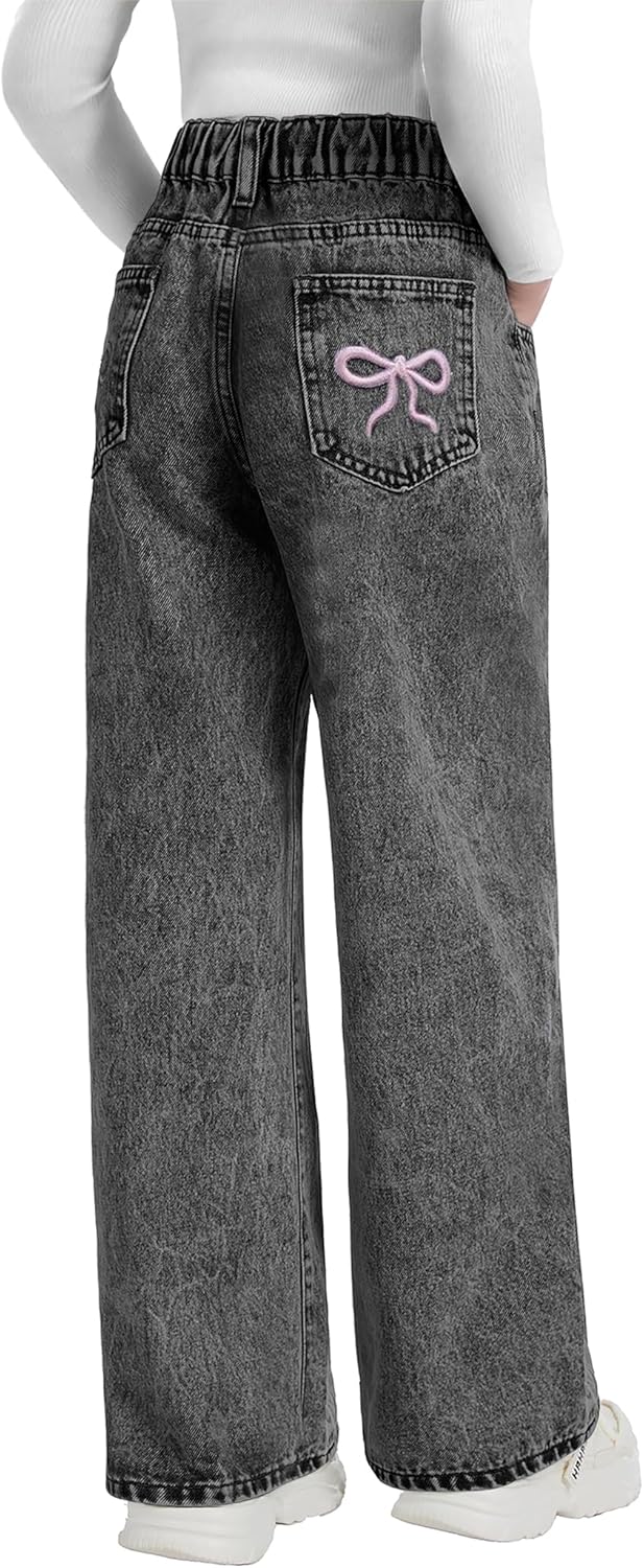 Girls Wide Leg Jeans Baggy Bow Embroidery High Elastic Waist