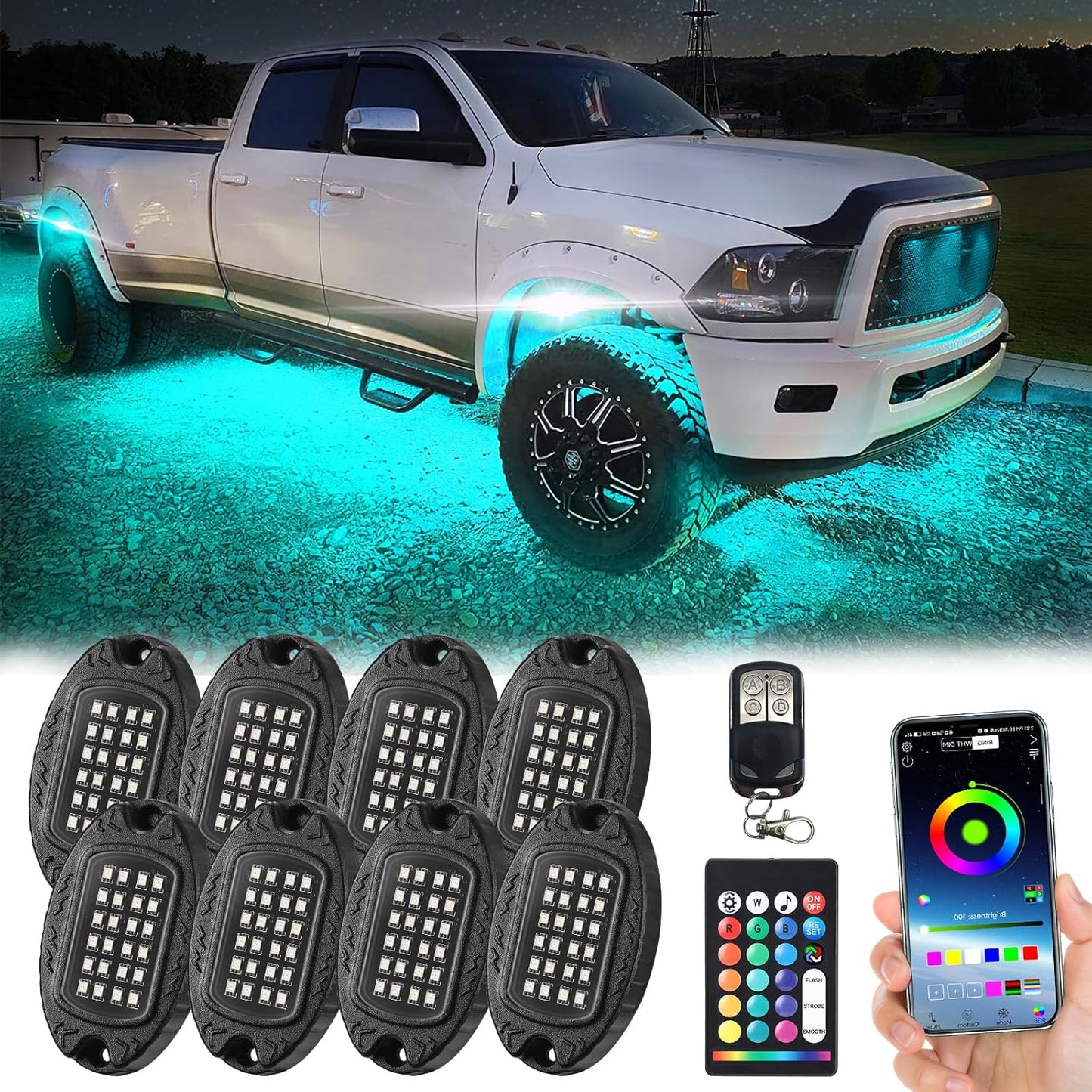 8 Pods Segmented Metal RGB LED Rock Lights Kit for Trucks and ATVs