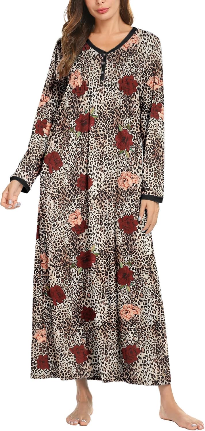 Ekouaer Women's Long Sleeve Nightgown Full Length Sleepwear