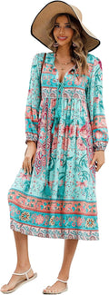 R.Vivimos Womens Long Sleeve Floral Bohemian Midi Dress - Flowy Shoes