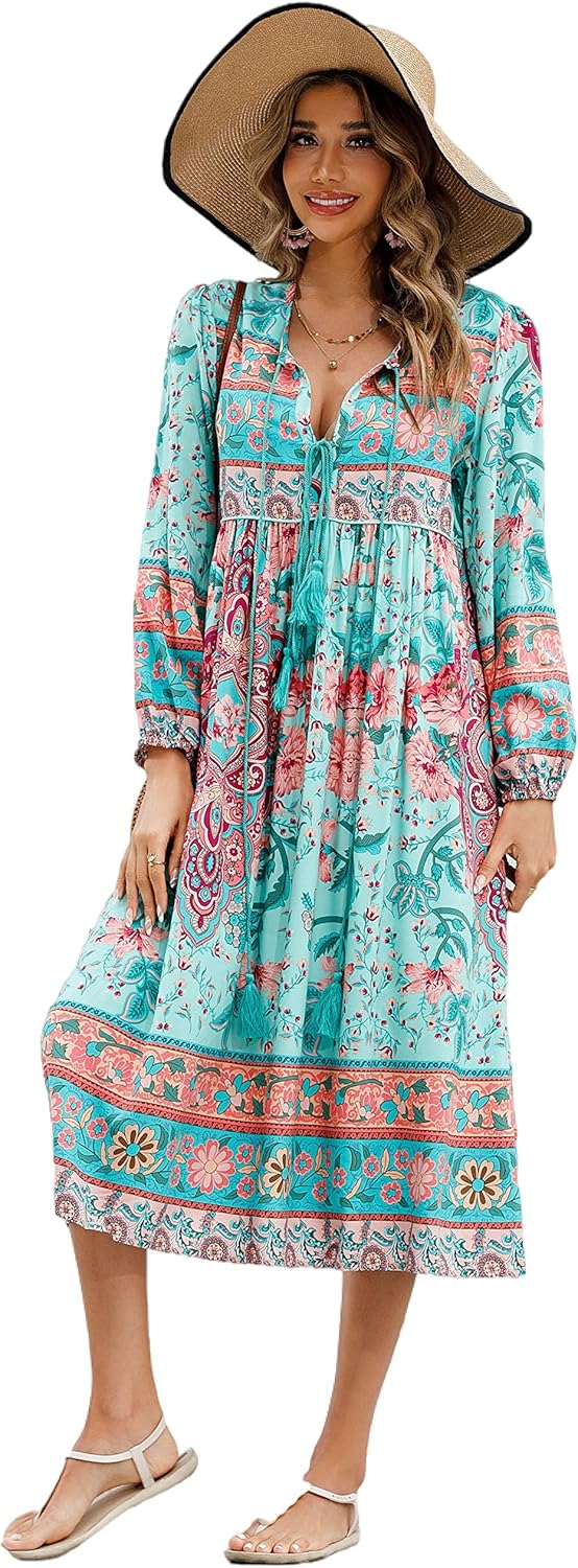 R.Vivimos Women's Long Sleeve Floral Print Bohemian Midi Dress