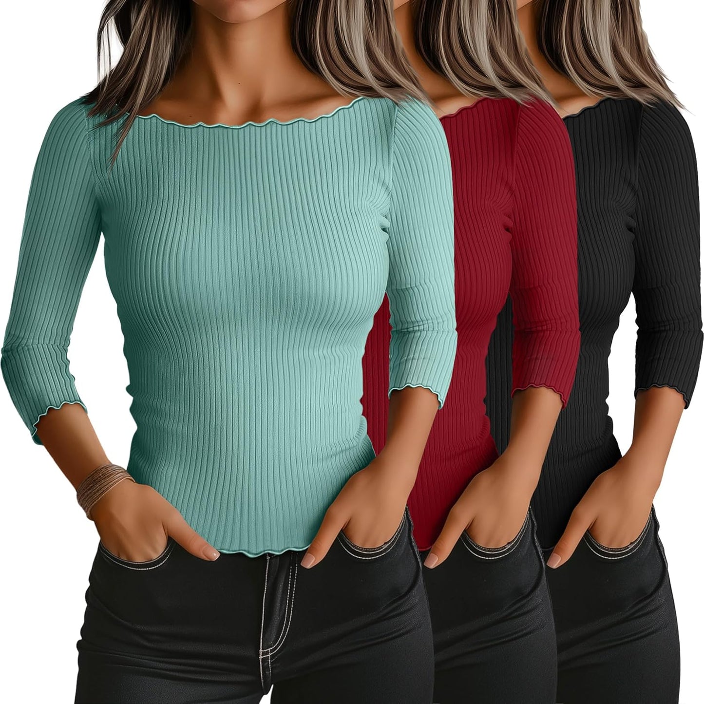Riyiper 3 Pack Women's 3/4 Sleeve Tops with Ribbed Design