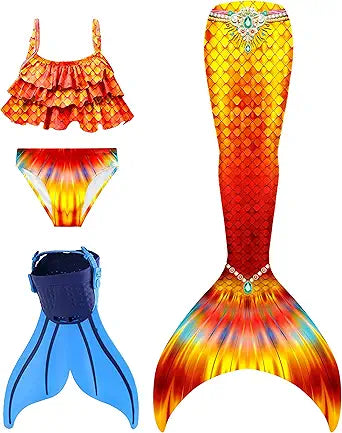 DNFUN Girls Mermaid Suit with Monofin for Magical Swimming Fun