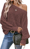 Women's Crochet Boat Neck Long Sleeve Sweater - Loose Fit Cozy Knit