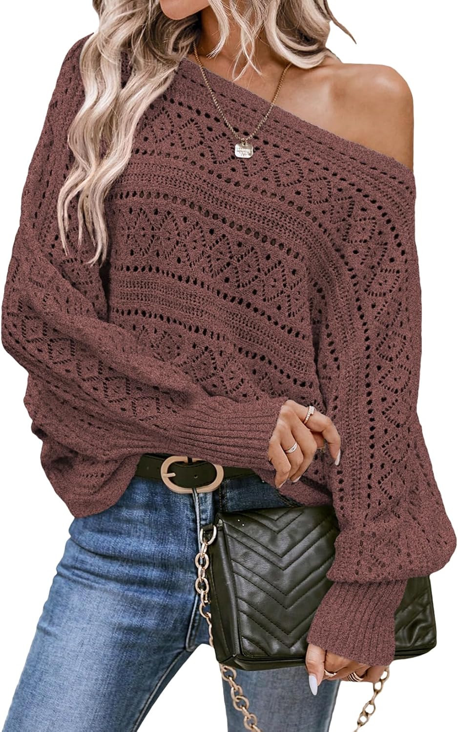 EVALESS Women's Crochet Boat Neck Long Sleeve Sweater for Fall