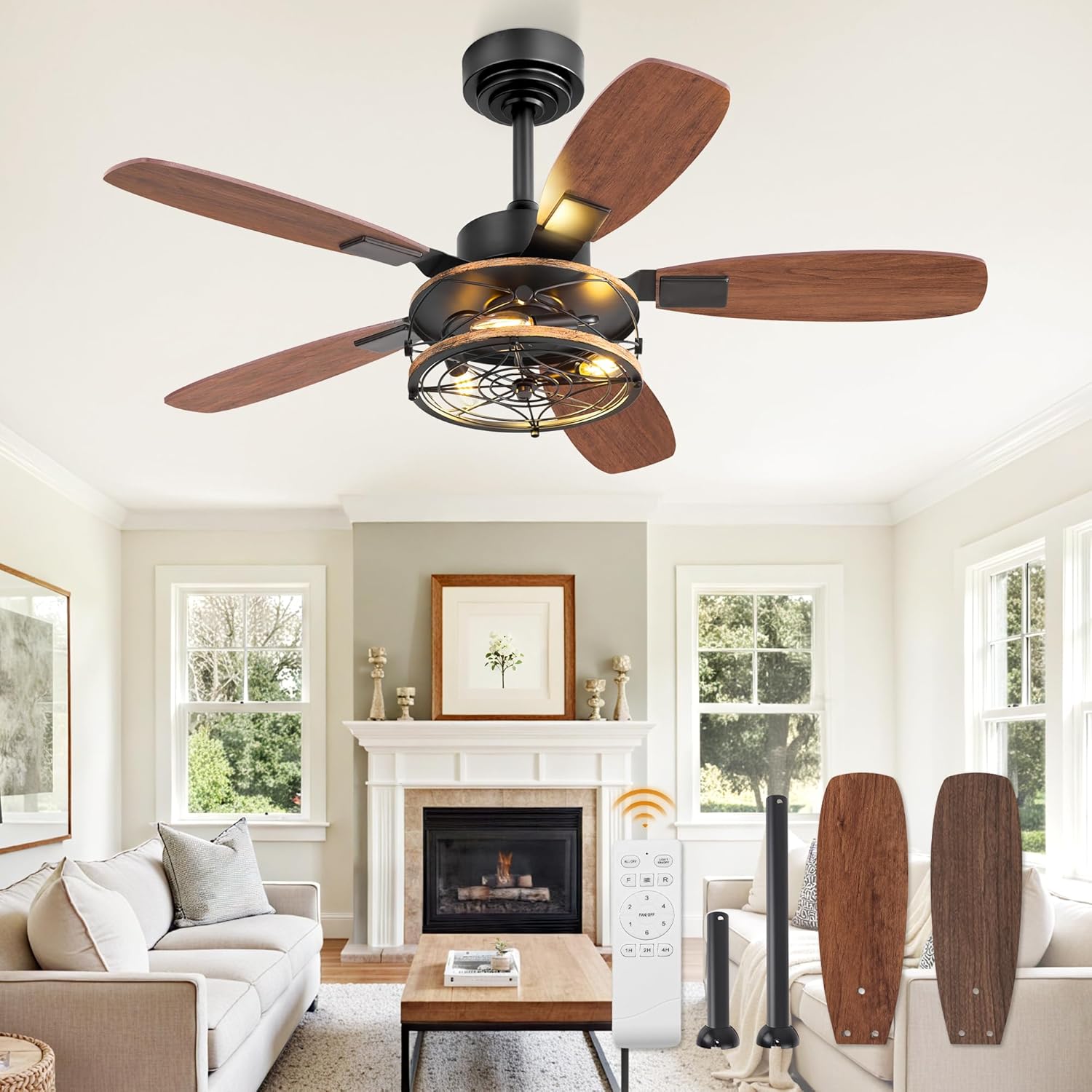 42 Inch Farmhouse Ceiling Fan with Light and Remote Control