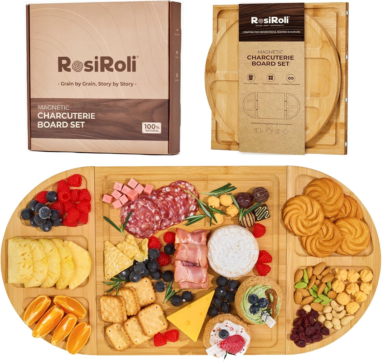 Charcuterie Board and Serving Set - Natural Bamboo Snack Tray