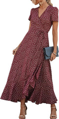 Women's Summer Maxi Dress Wrap Floral Boho - Lightweight V Neck