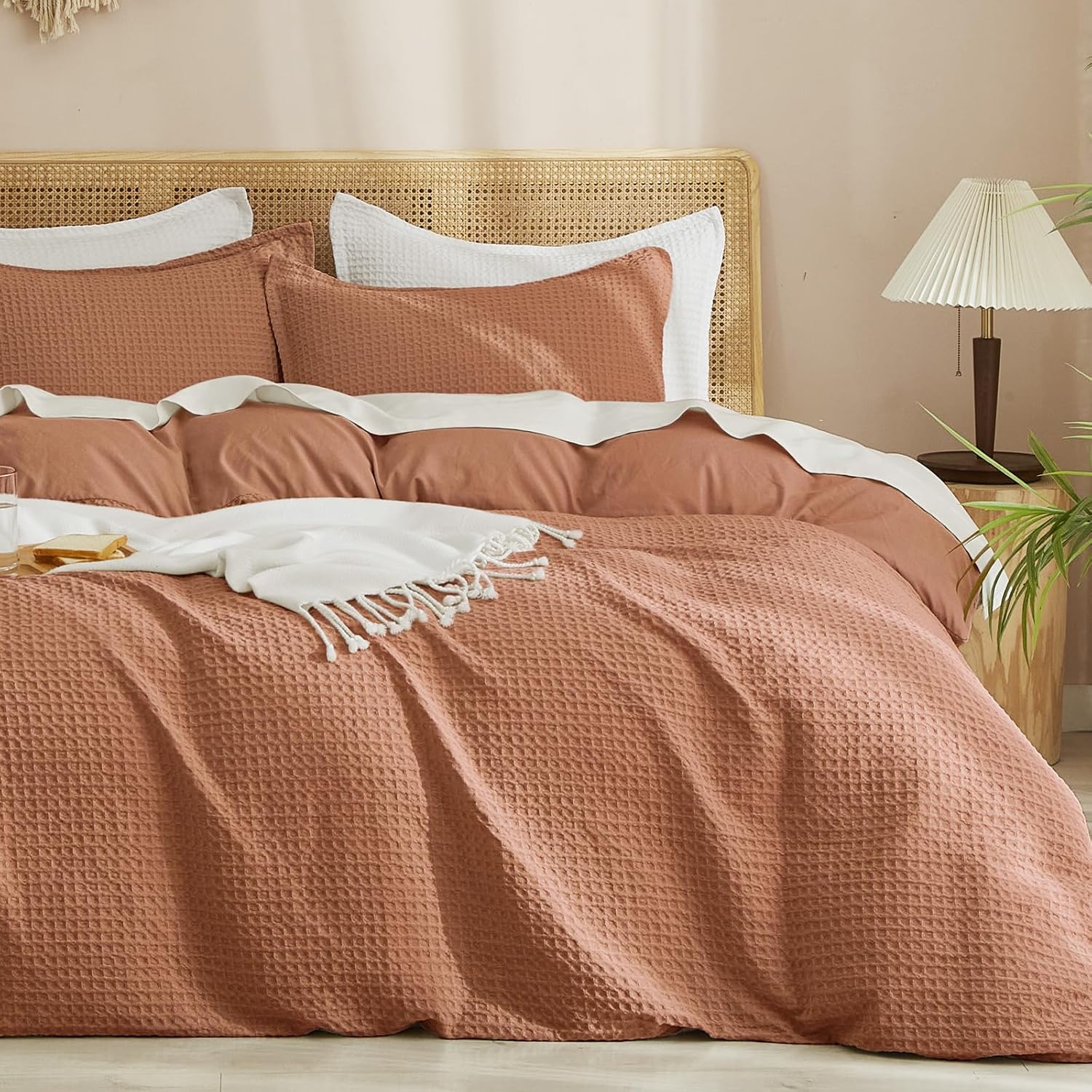 PHF Waffle Weave Duvet Cover Set Queen Size for Luxurious Comfort