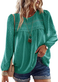 Womens Crewneck Crochet Lace Boho Tops - Flowy Casual Blouses