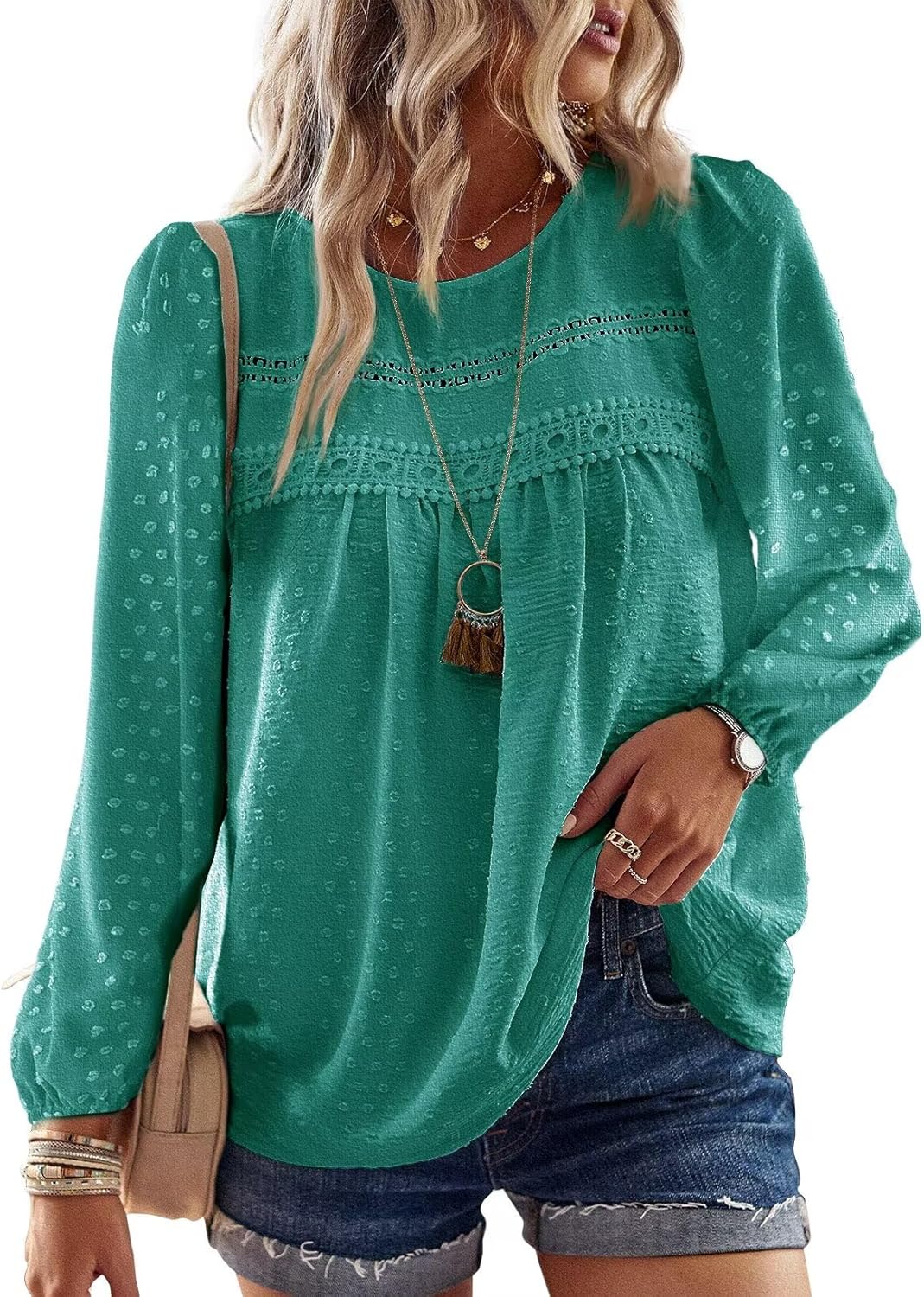 Womens Fall Tops Crewneck Long Sleeve Casual Chiffon Blouses