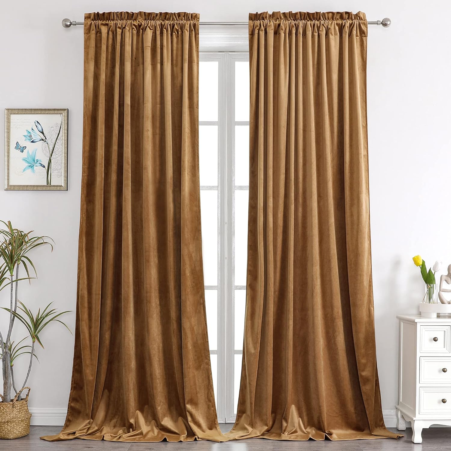 Benedeco Camel Velvet Curtains for Bedroom Window - Luxury Drapes