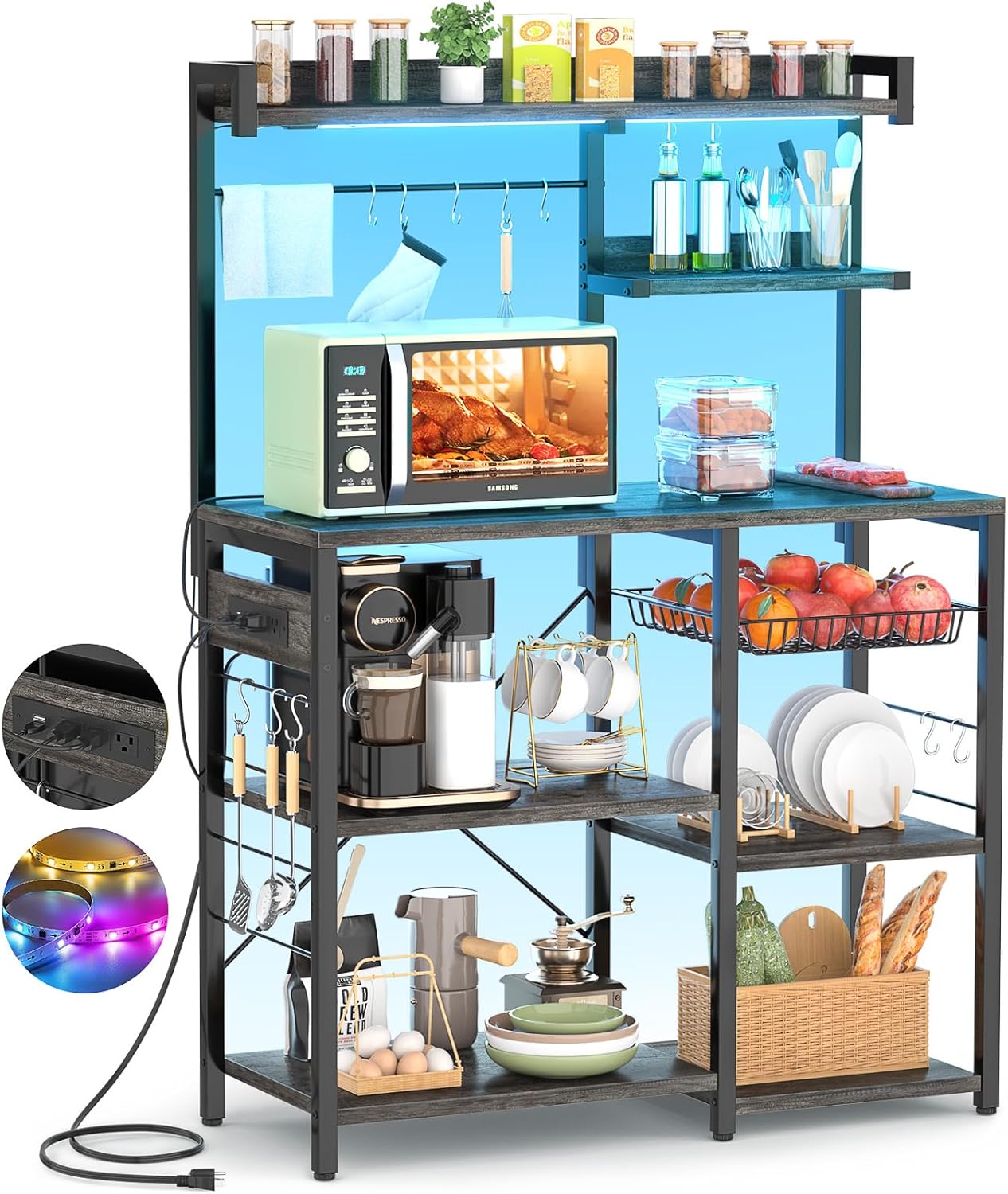 Black Oak Bakers Rack: Power Outlet, LED Lights, Storage