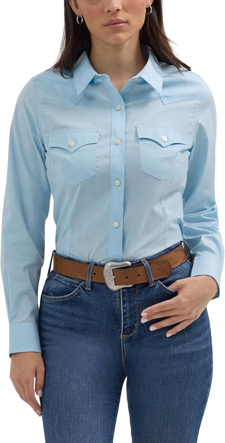 Women's Retro Long Sleeve Cool Blue Solid Western Shirt Review
