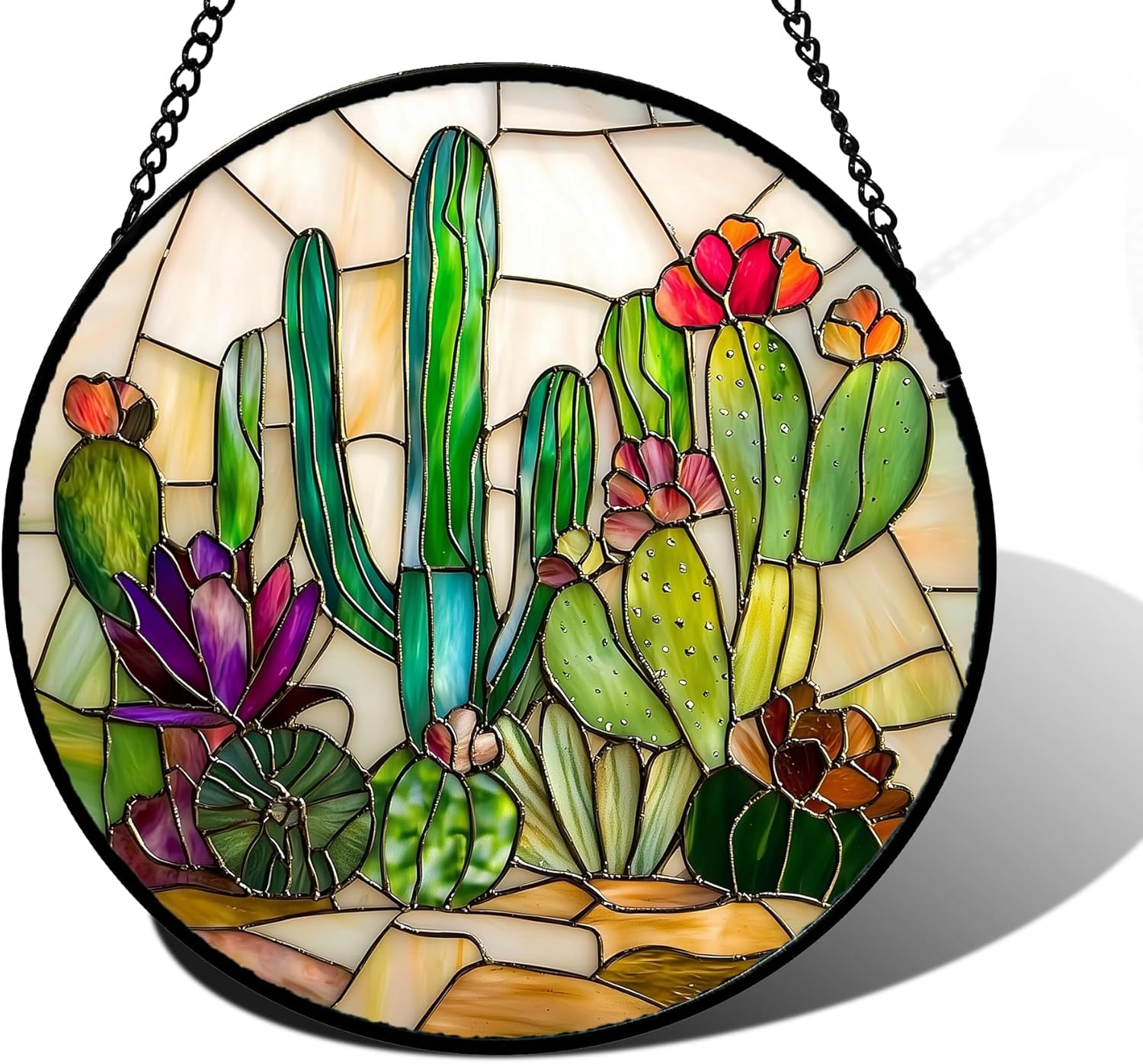 Stained Glass Window Hanging Cactus Suncatcher for Home Decor