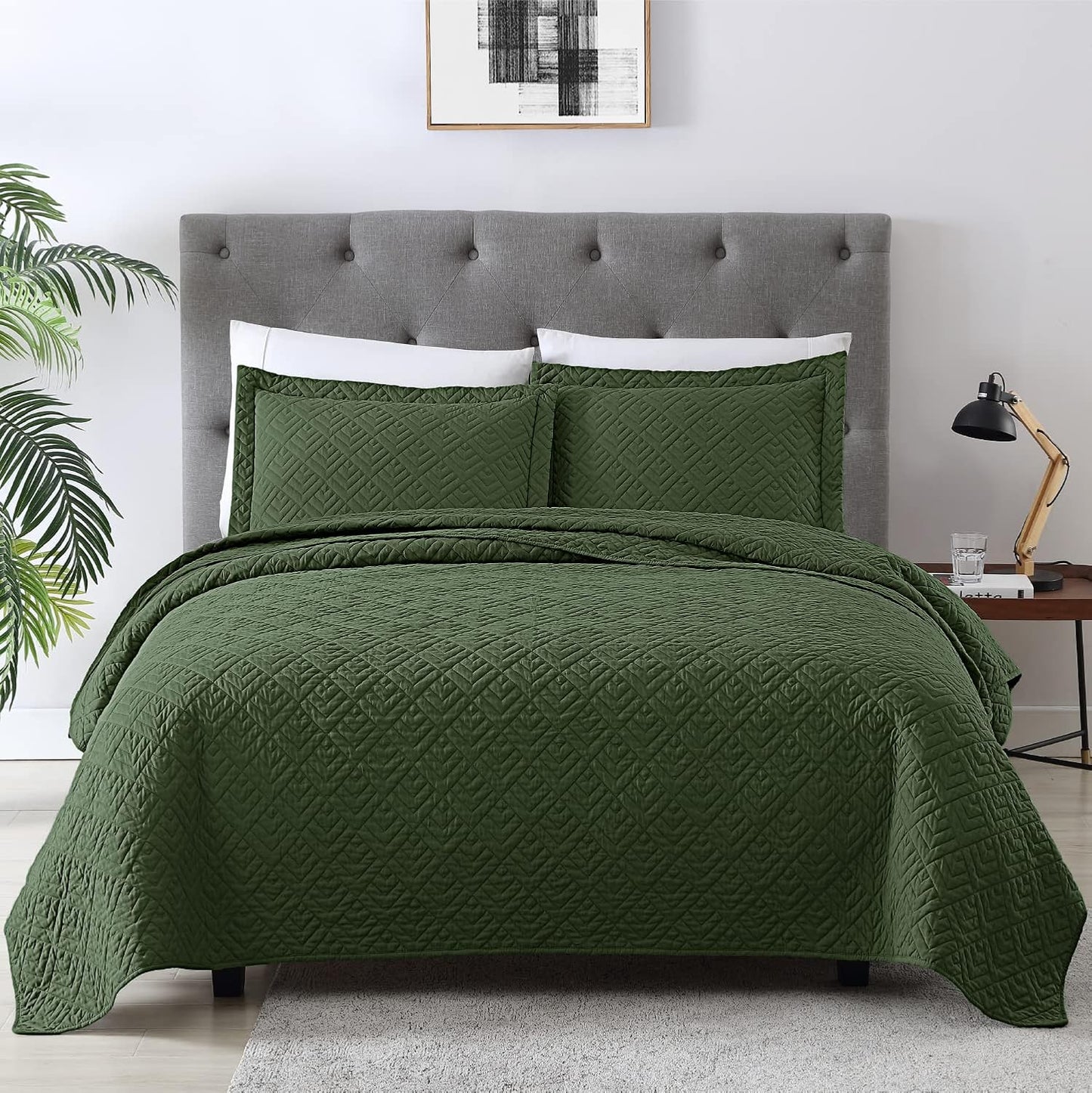EXQ Home King Size Quilt Set Olive Green Soft Coverlet