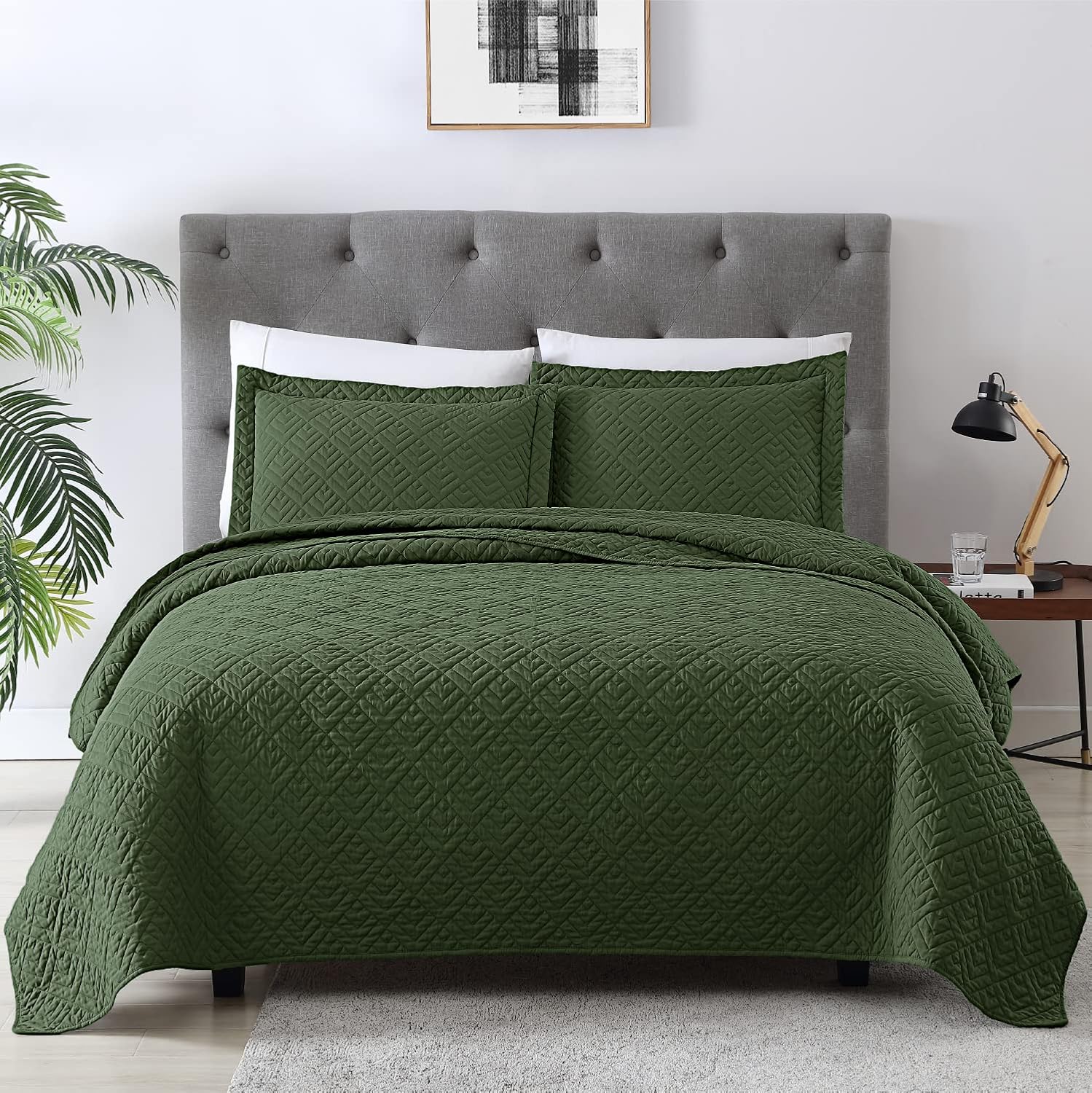 EXQ Home King Size Quilt Set Olive Green Soft Coverlet