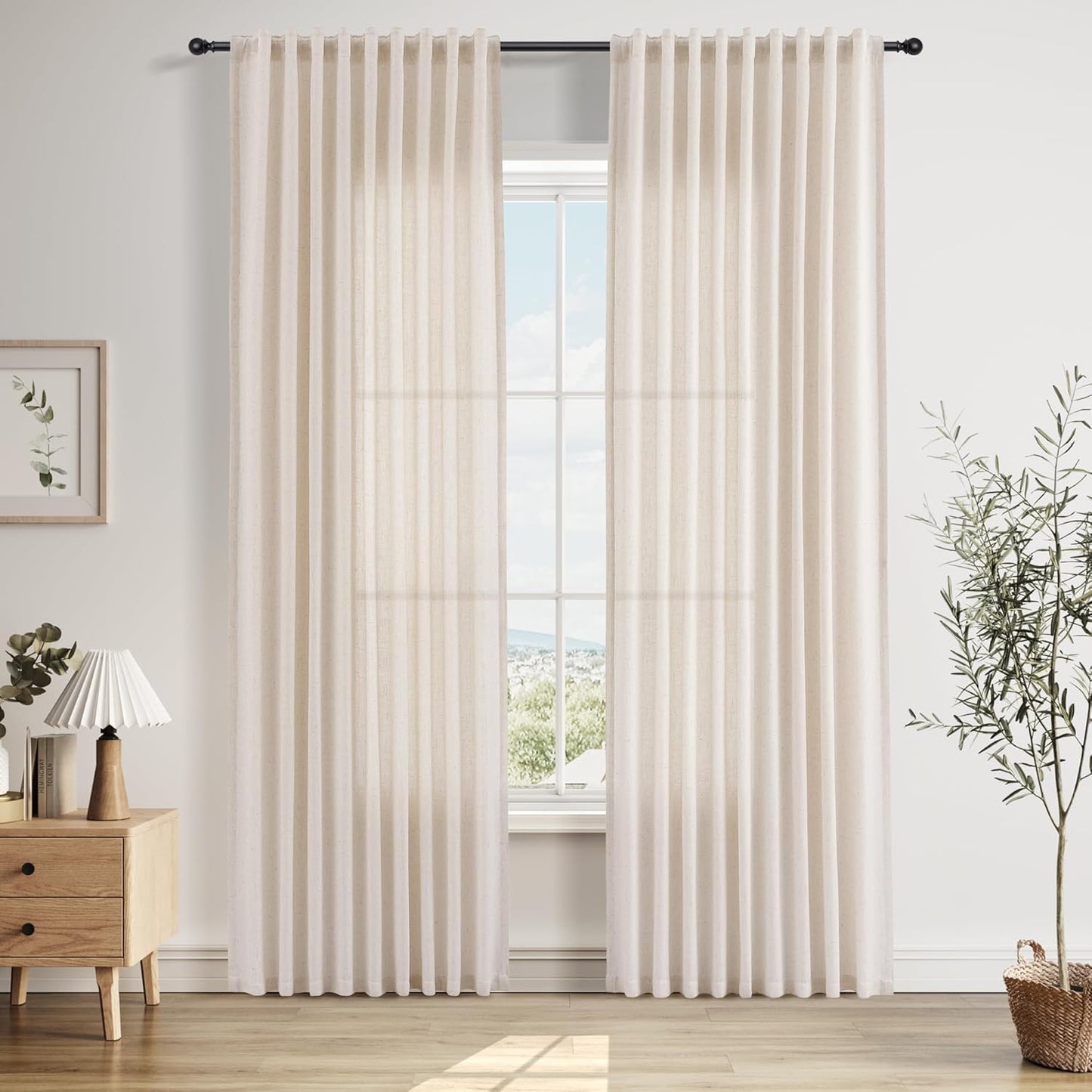 Beige Linen Back Tab Curtains 84 Inches Long for Living Room