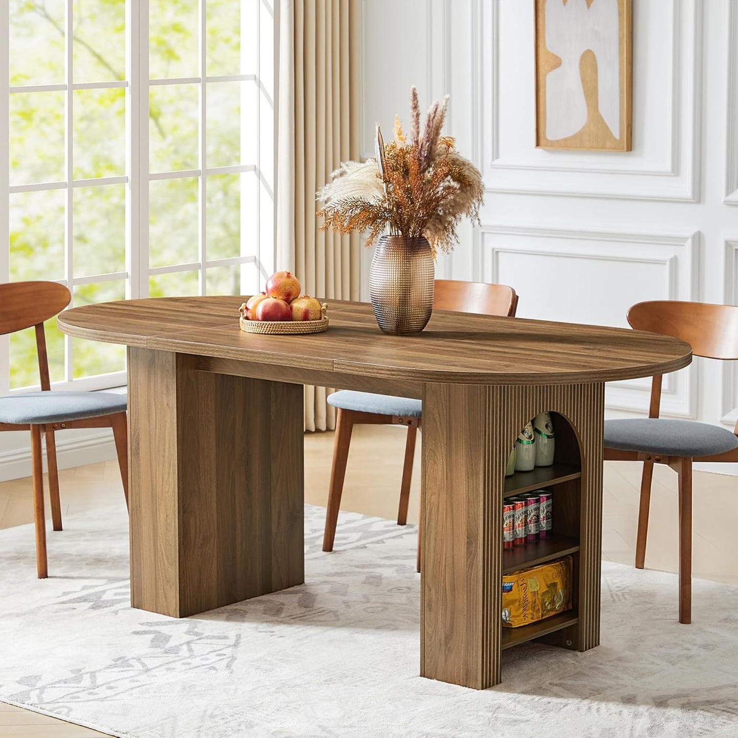 70.8 Oval Dining Table with Dual Side Storage Shelves for 4-6