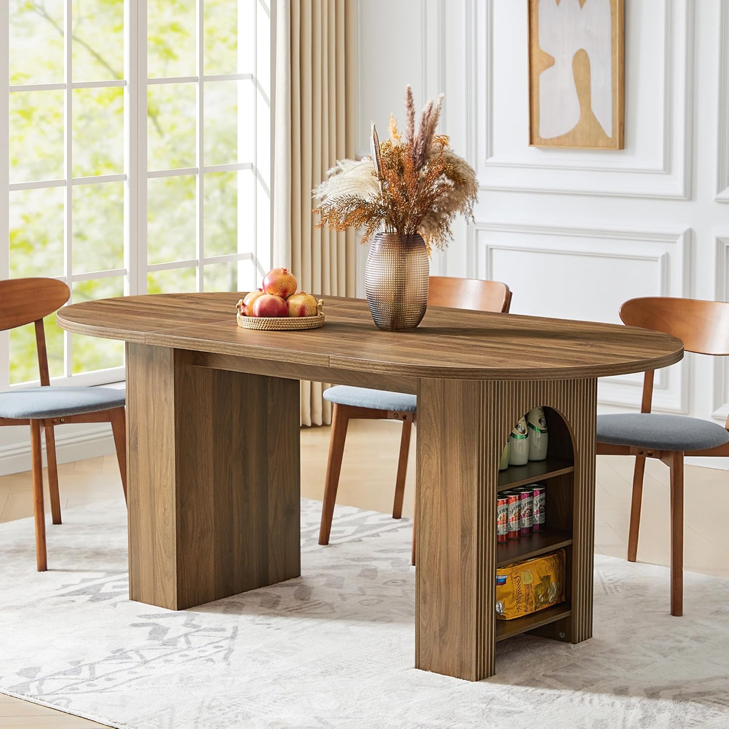70.8 Oval Dining Table with Dual Side Storage Shelves for 4-6