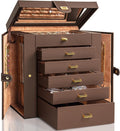 Large 6-Tier Jewelry Box Organizer - Lockable Brown Leather Case