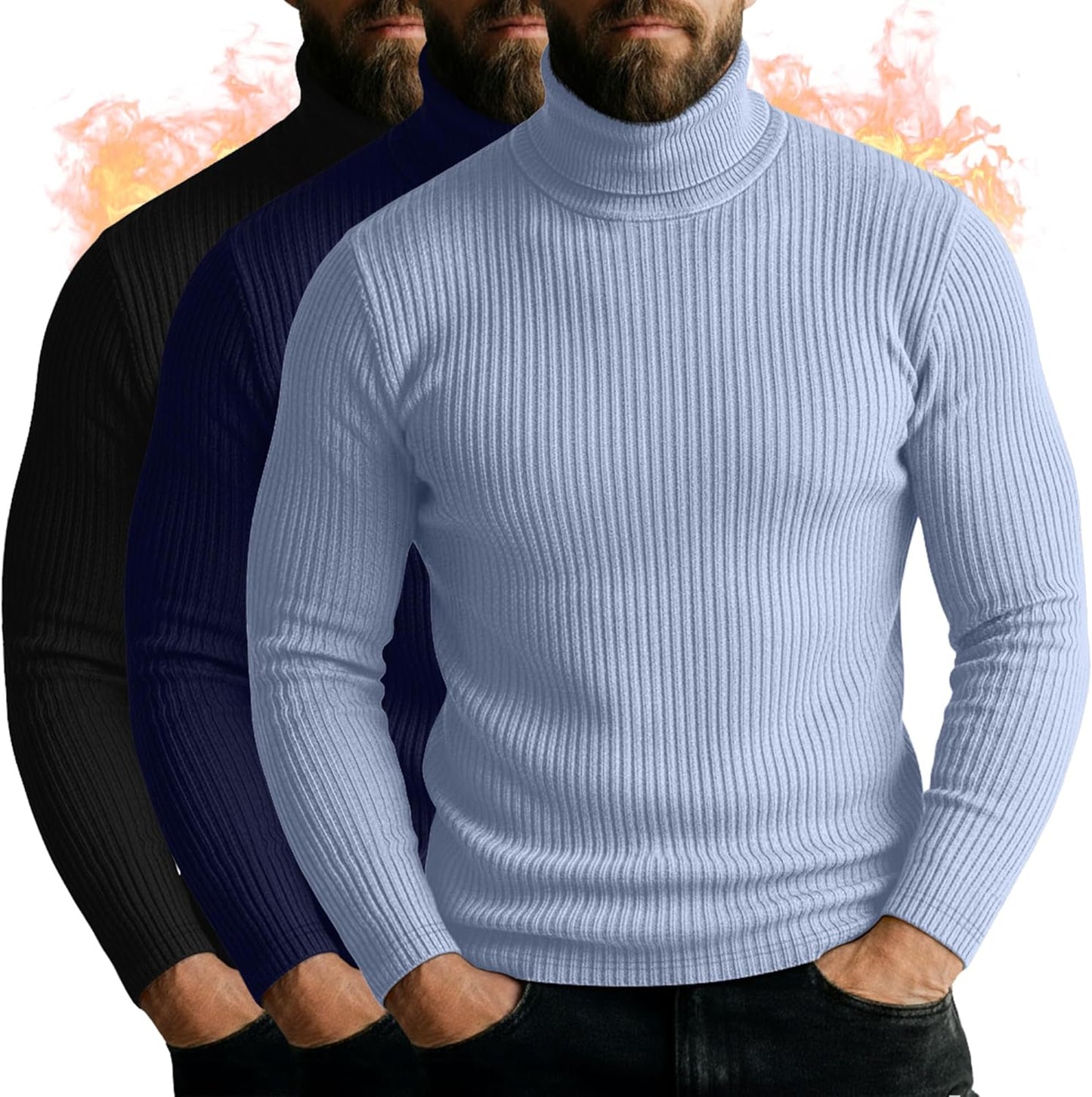 Men's Turtleneck Long Sleeve Shirts - 3 Pack Casual Knit Tops