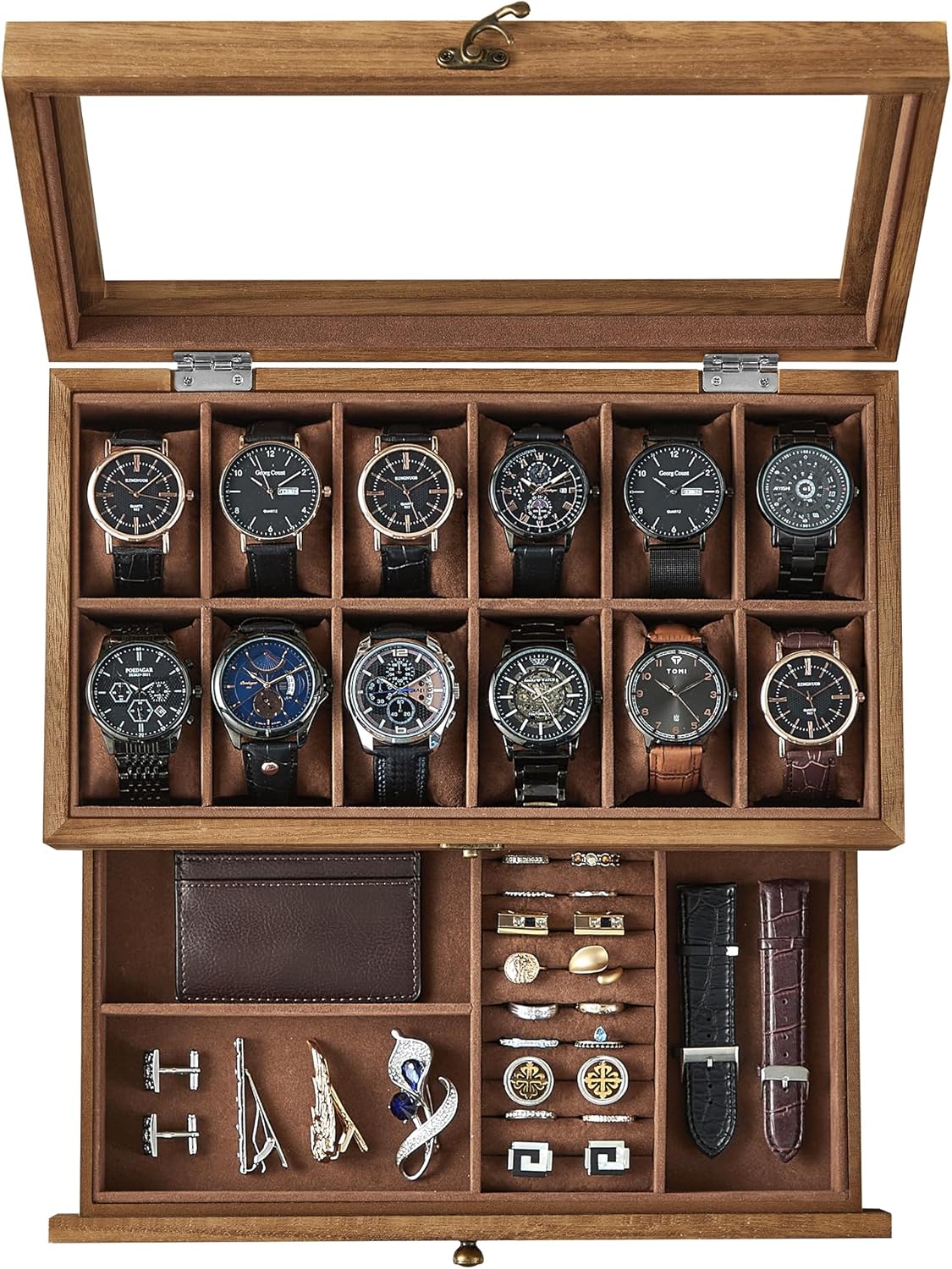 12-Slot Watch Box with Large Glass Lid and Velvet Lining