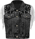 Women's Pearls Beading Denim Vest with Sequin Fringe Design